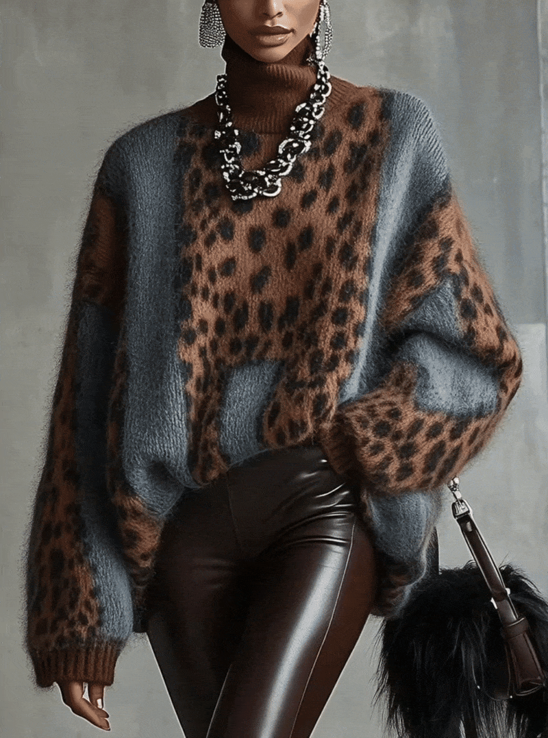 Rollkragenpullover Damen aus Strick, Oversize mit Leopardenmuster