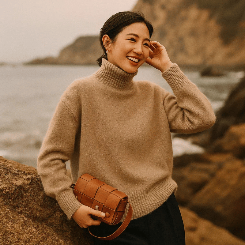 Rollkragenpullover Damen aus weichem Strick, Oversize und hüftlang