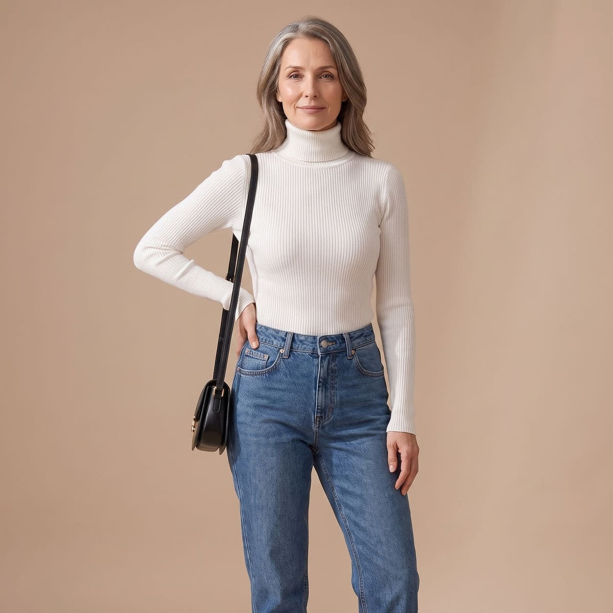 Rollkragenpullover Damen in feinem Rippstrick, figurbetont mit Langarm