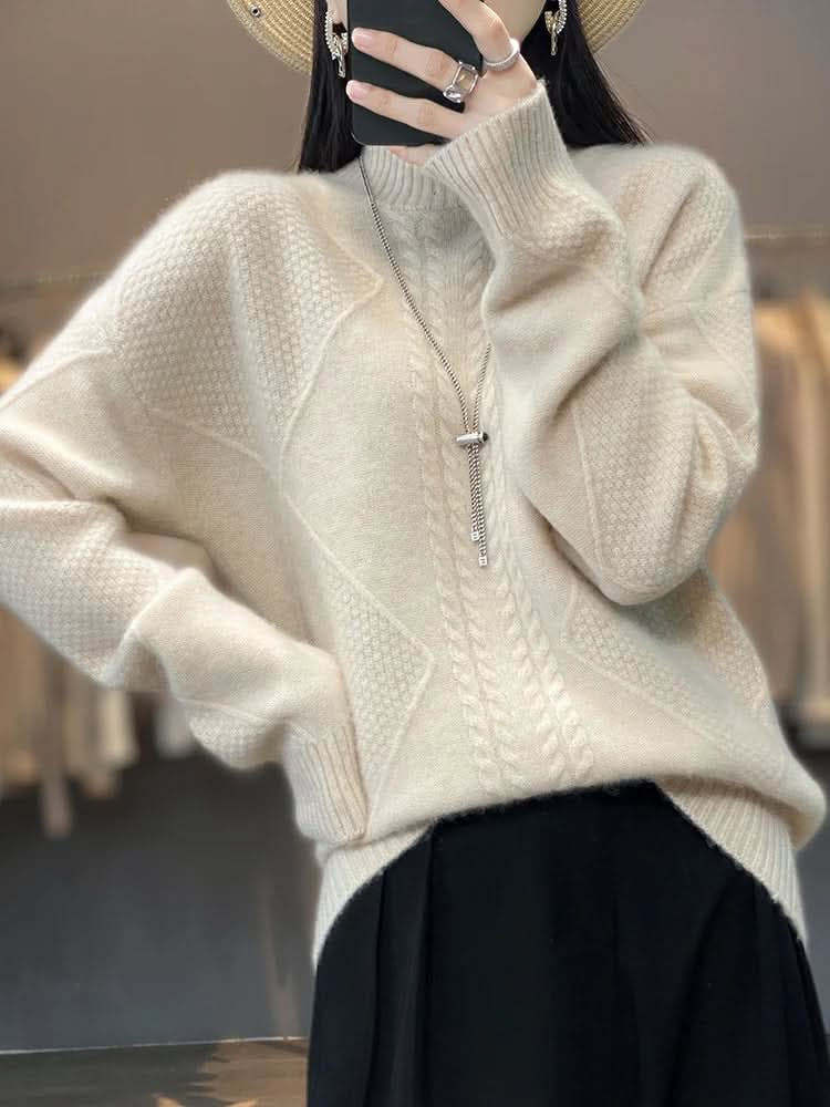 Rollkragenpullover Damen locker, hüftlang mit Zopfmuster
