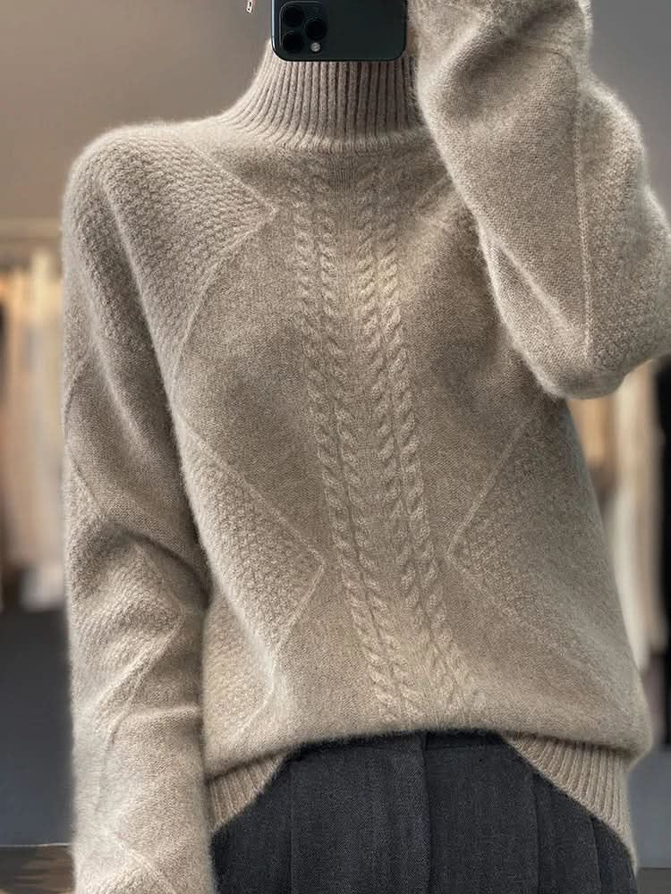 Rollkragenpullover Damen locker, hüftlang mit Zopfmuster