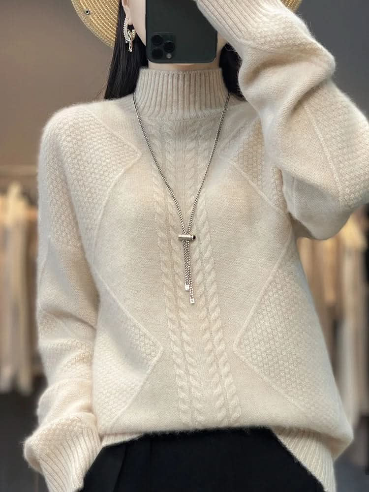 Rollkragenpullover Damen locker, hüftlang mit Zopfmuster