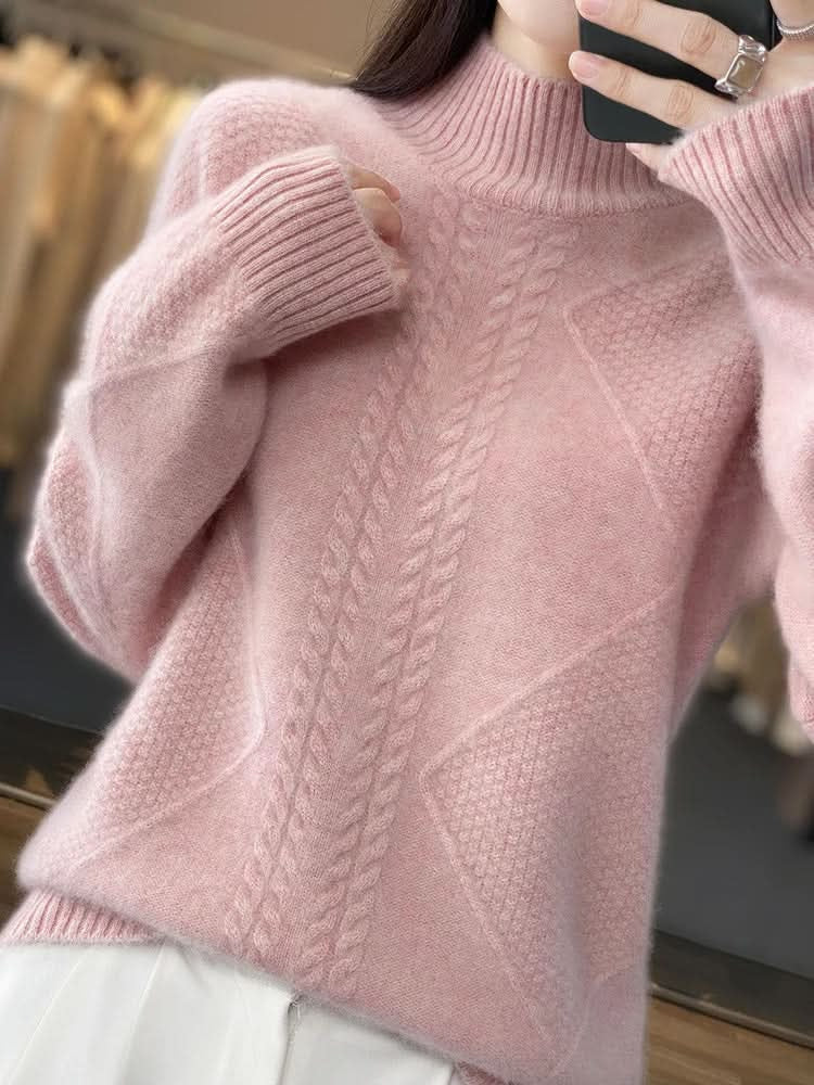 Rollkragenpullover Damen locker, hüftlang mit Zopfmuster