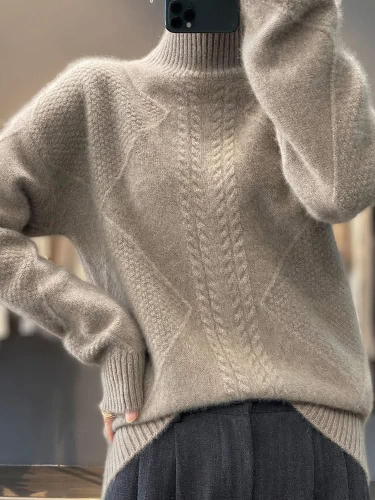 Rollkragenpullover Damen locker, hüftlang mit Zopfmuster