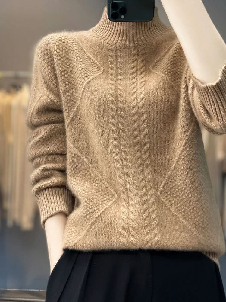 Rollkragenpullover Damen locker, hüftlang mit Zopfmuster