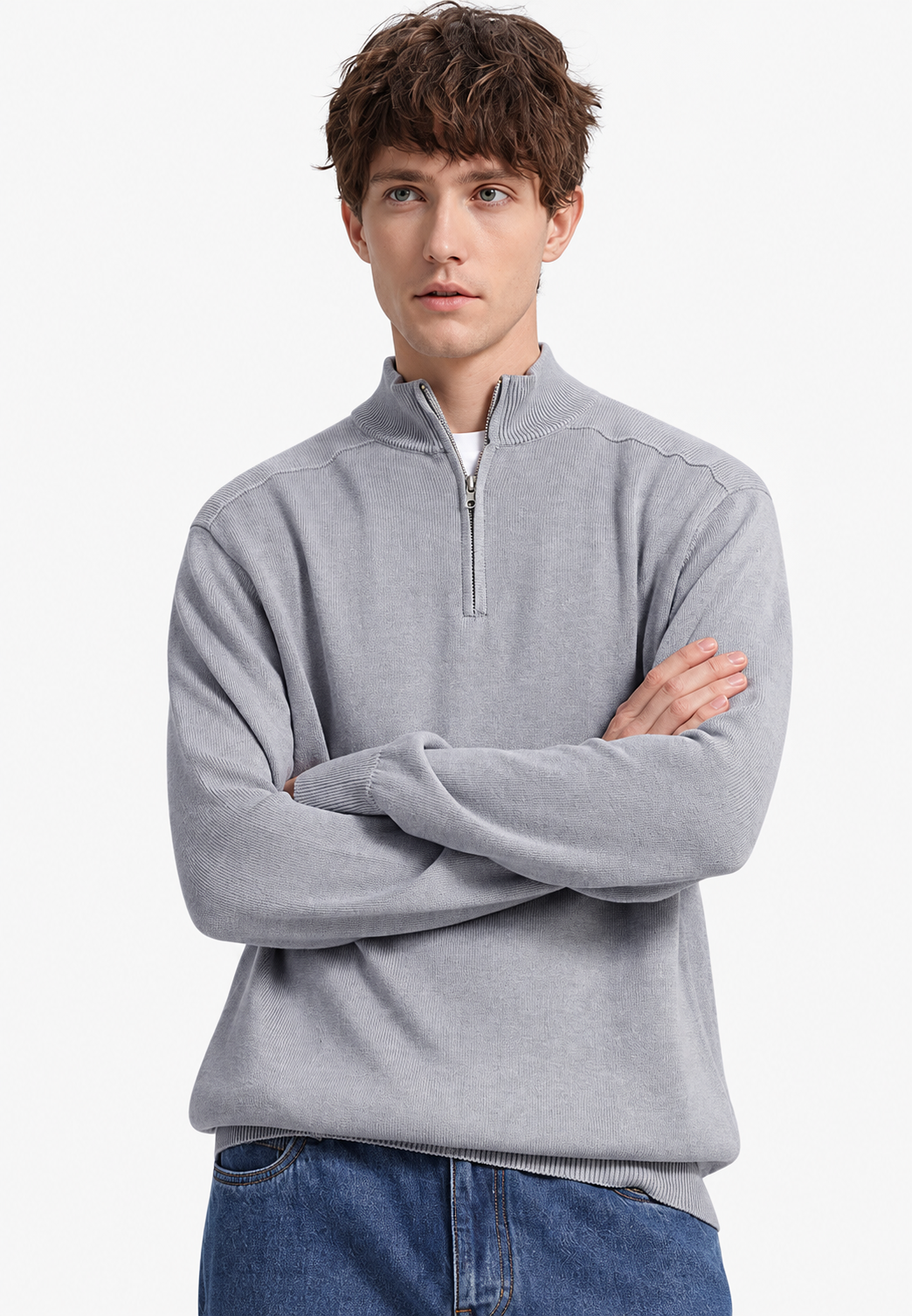 Rollkragenpullover Herren aus Merinowolle mit halbem Reissverschluss