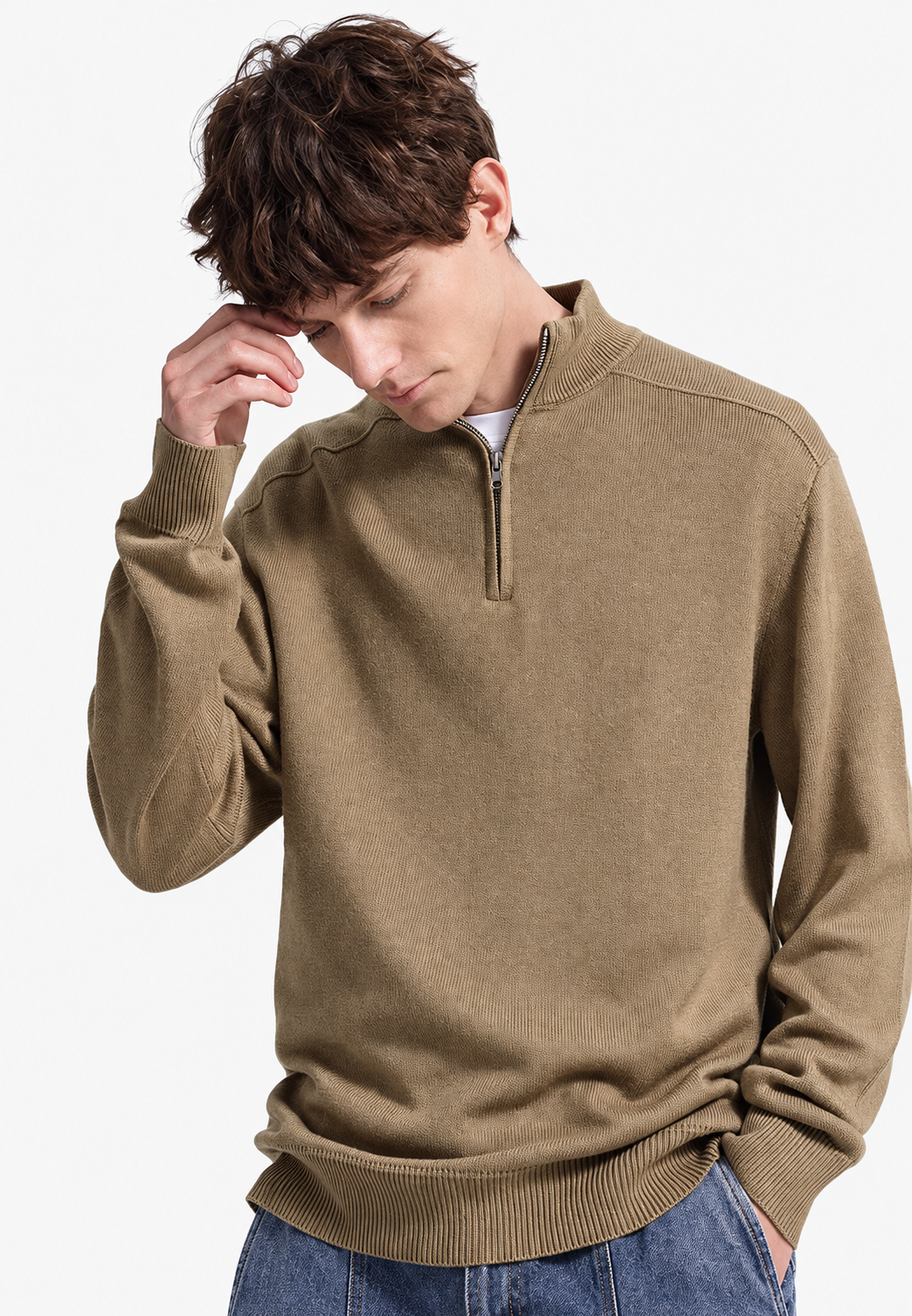 Rollkragenpullover Herren aus Merinowolle mit halbem Reissverschluss