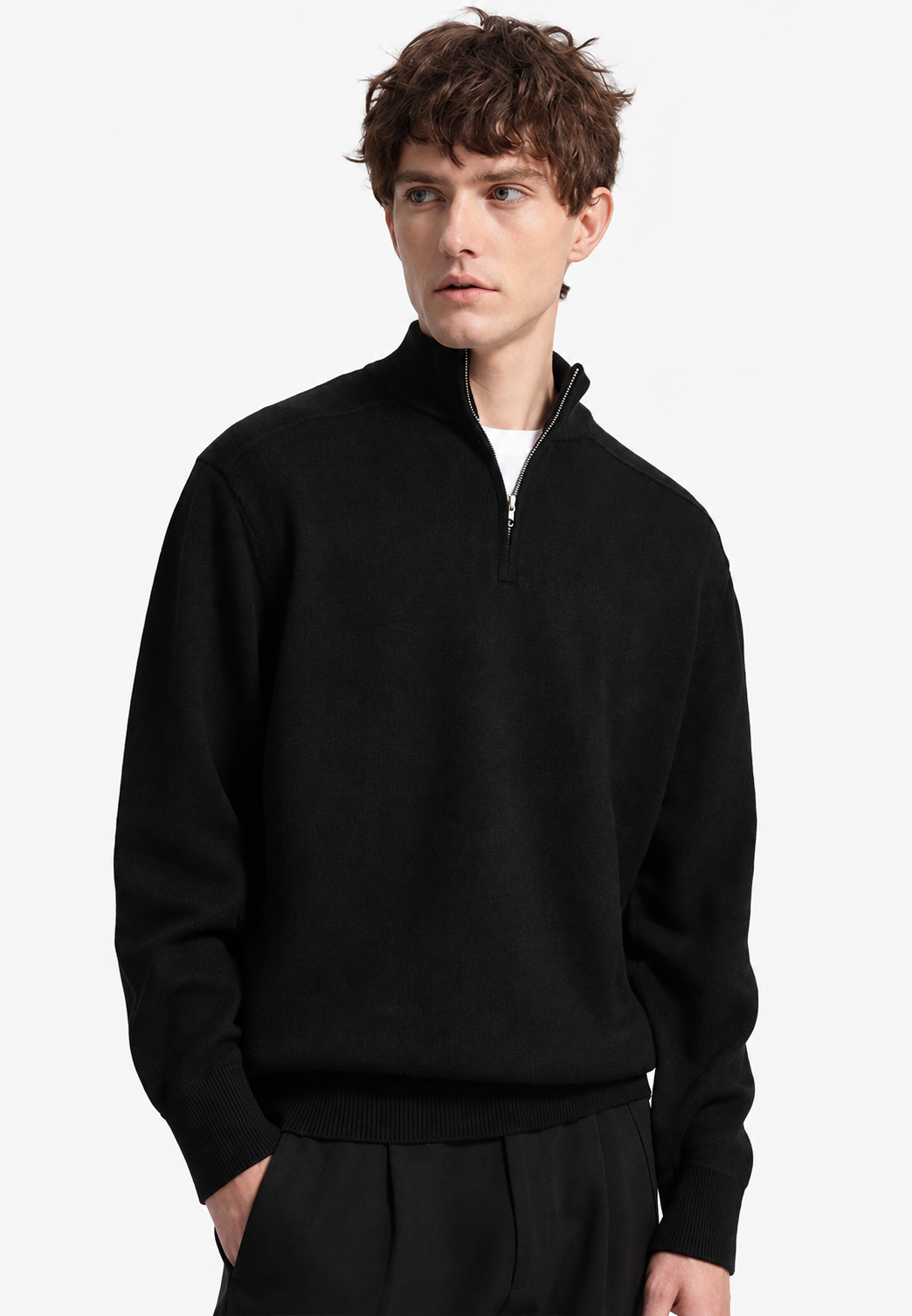 Rollkragenpullover Herren aus Merinowolle mit halbem Reissverschluss