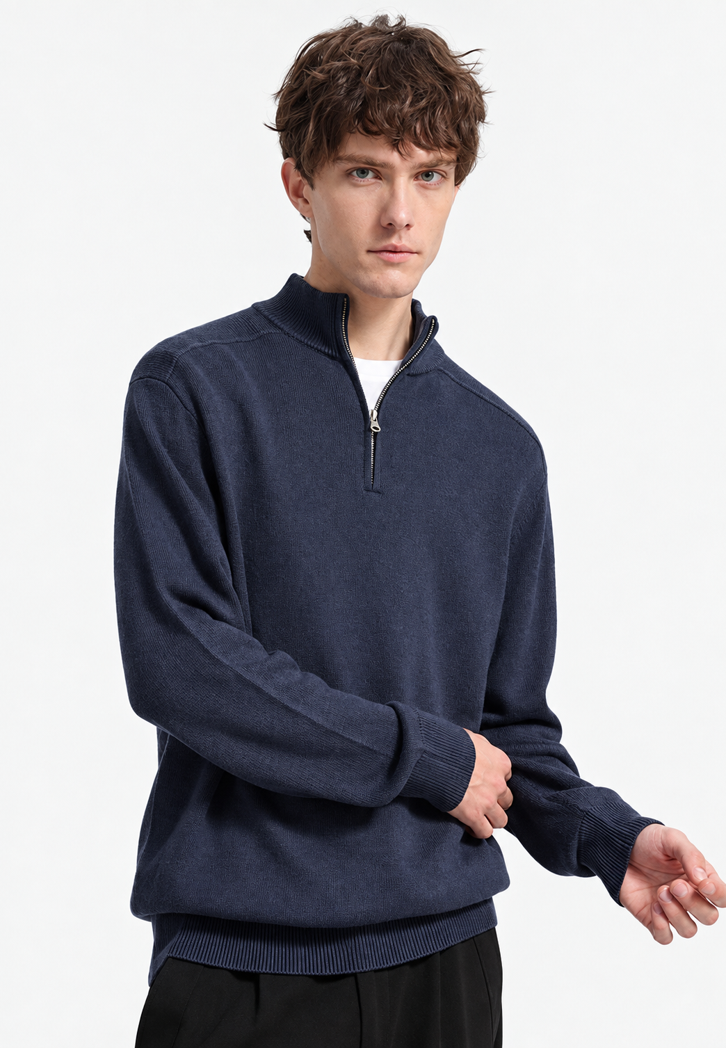 Rollkragenpullover Herren aus Merinowolle mit halbem Reissverschluss