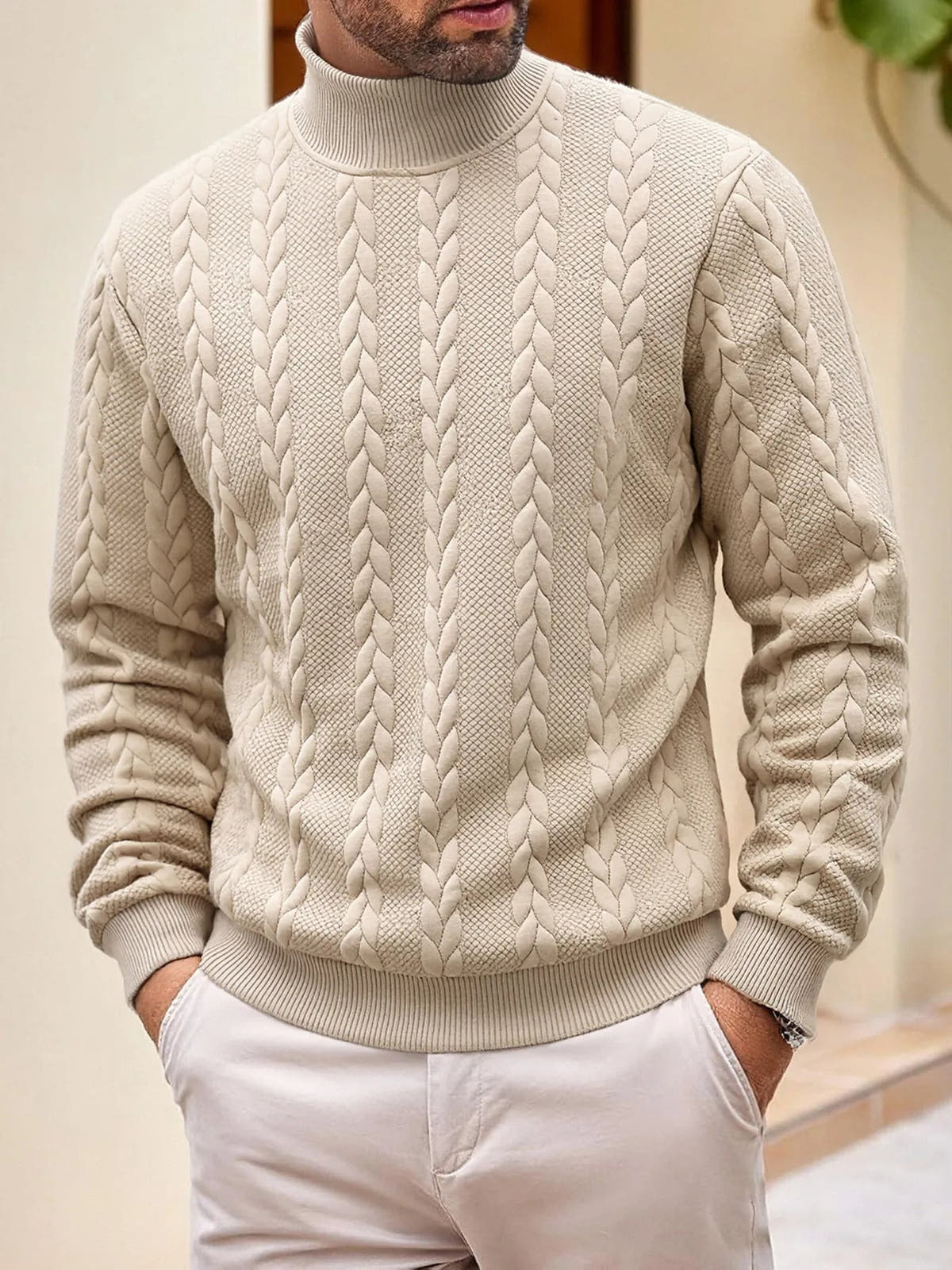 Rollkragenpullover Herren mit Zopfmuster, gerader Schnitt
