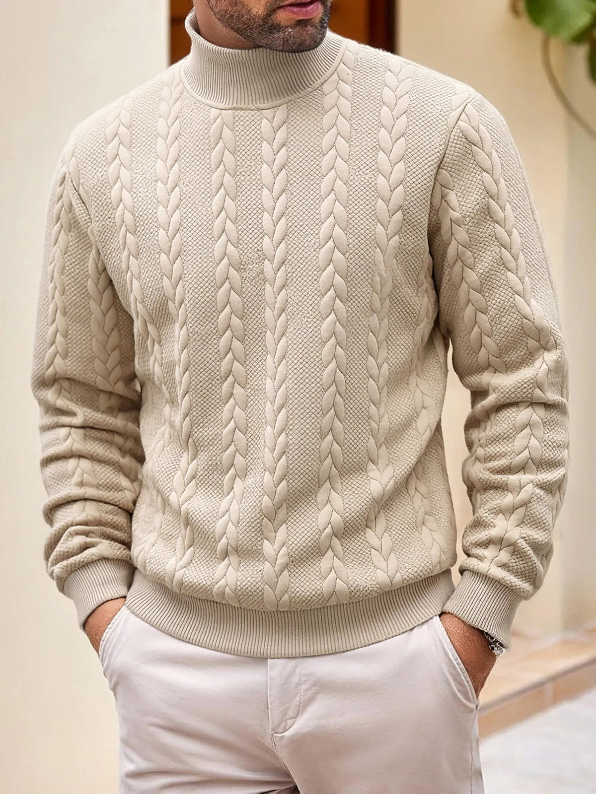 Rollkragenpullover Herren mit Zopfmuster, gerader Schnitt