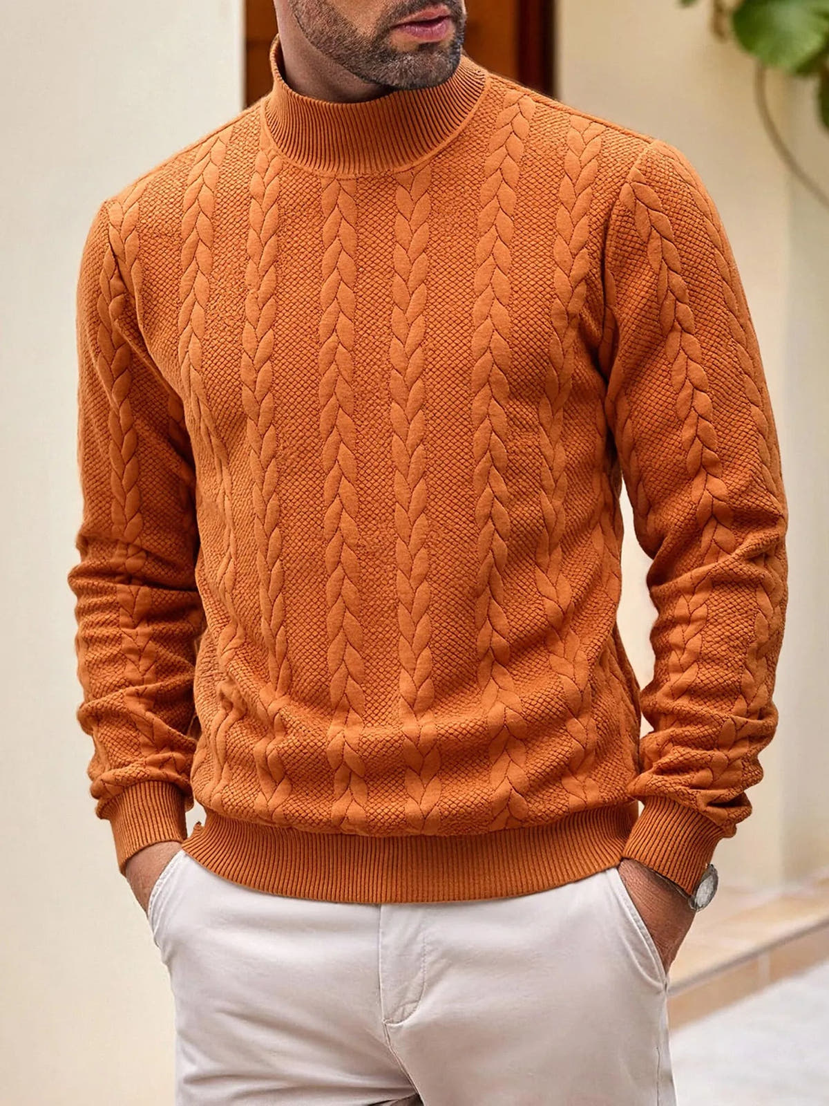 Rollkragenpullover Herren mit Zopfmuster, gerader Schnitt