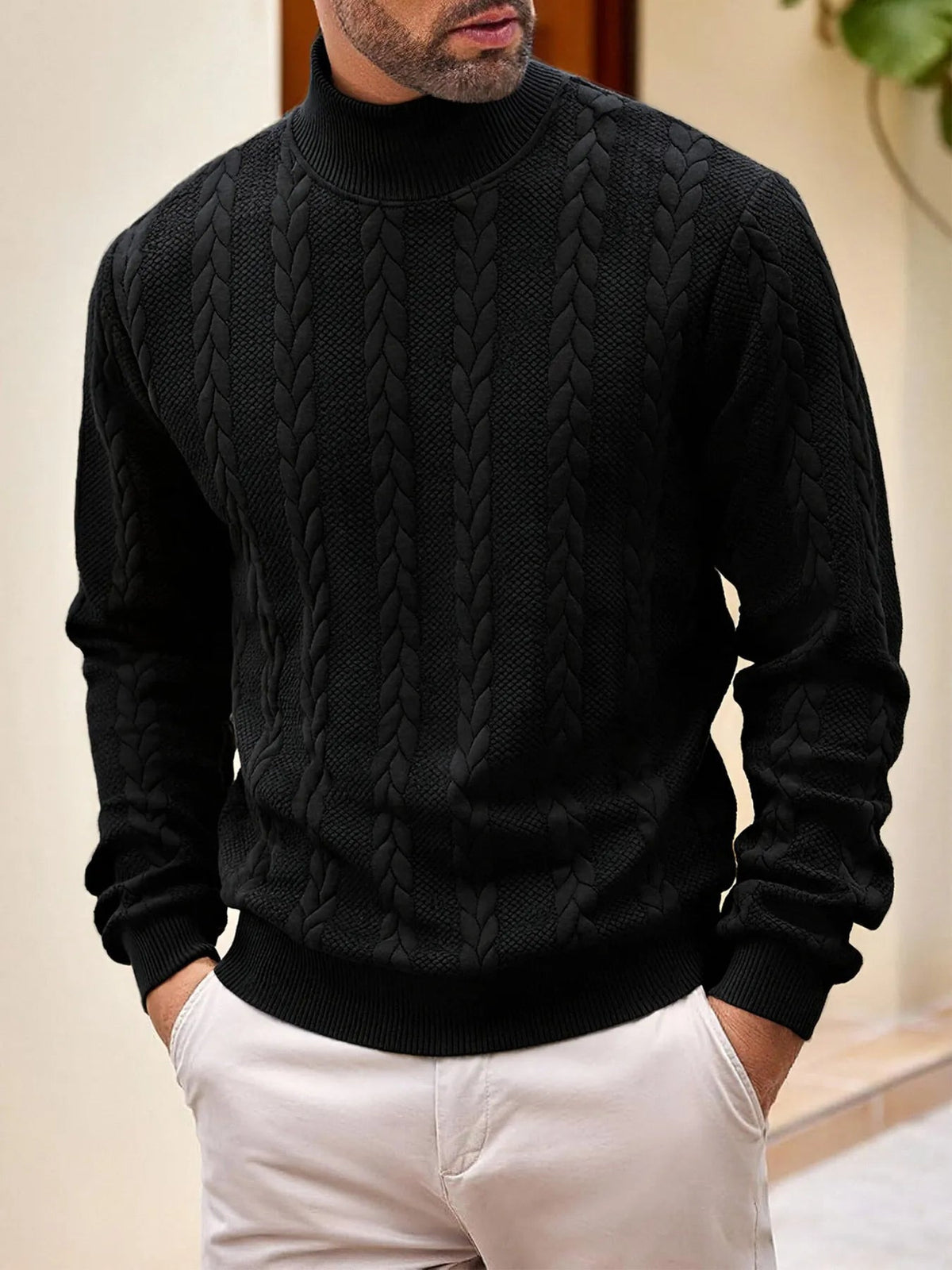 Rollkragenpullover Herren mit Zopfmuster, gerader Schnitt