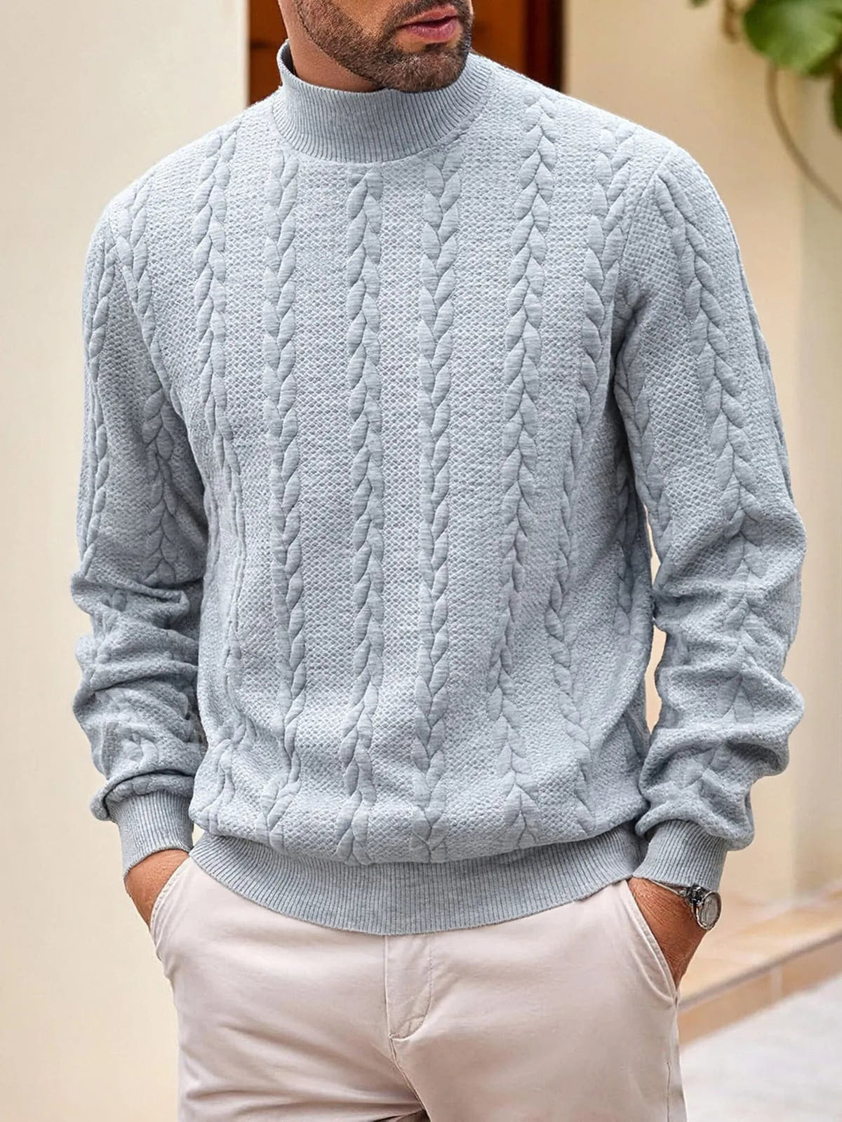 Rollkragenpullover Herren mit Zopfmuster, gerader Schnitt