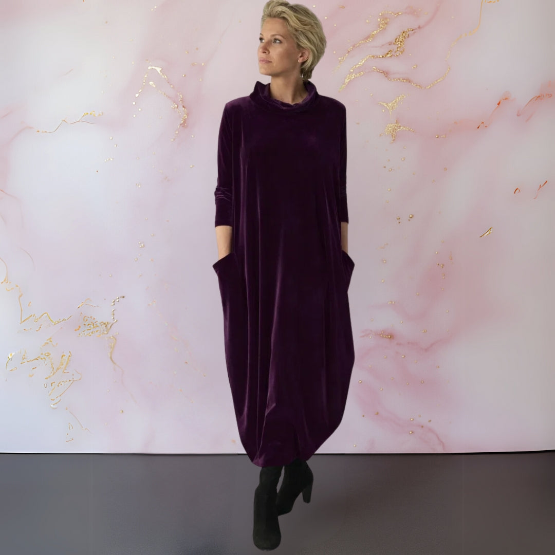 Samtkleid Damen locker geschnitten, festlich mit Stehkragen