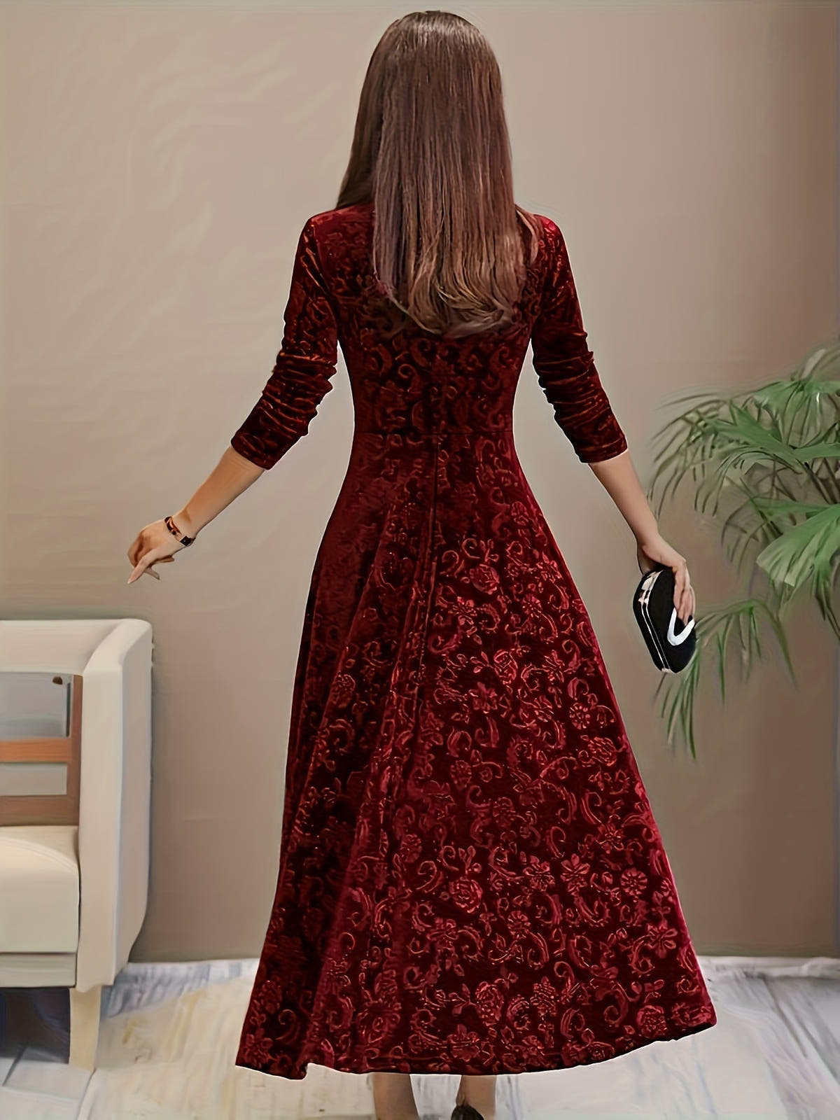 Samtkleid Damen tailliert und festlich mit Blumenmuster