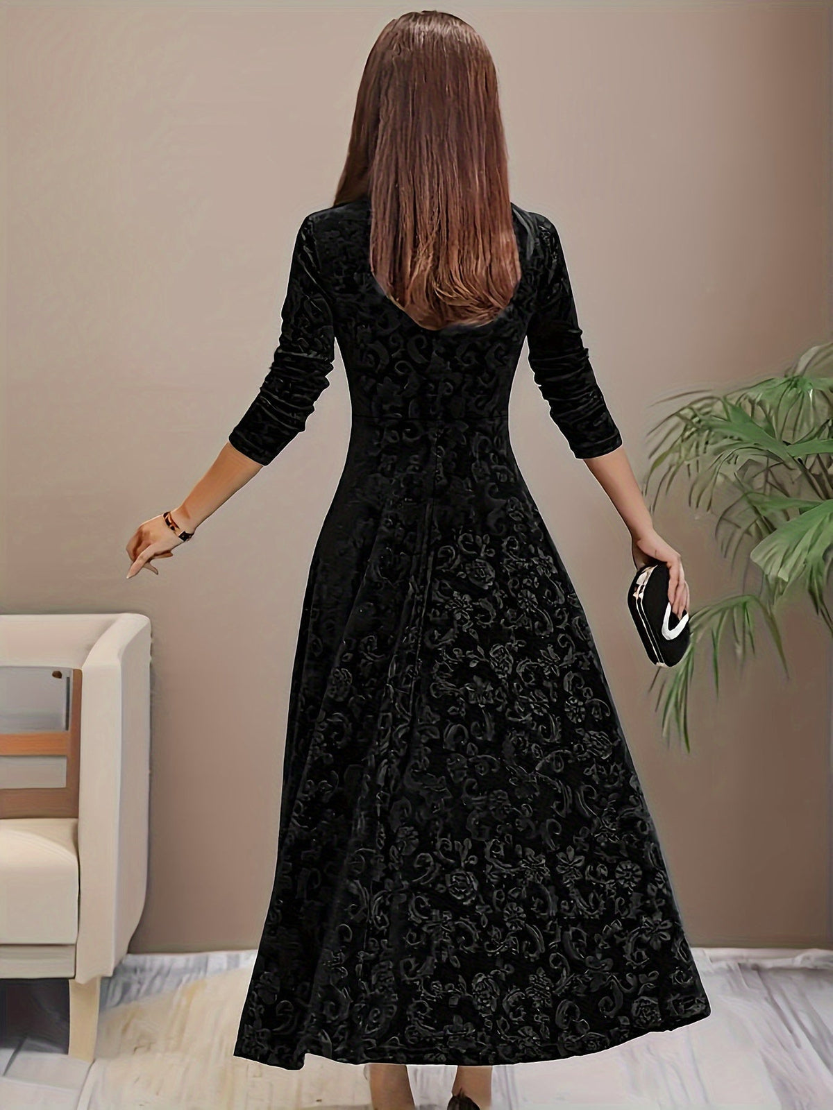 Samtkleid Damen tailliert und festlich mit Blumenmuster