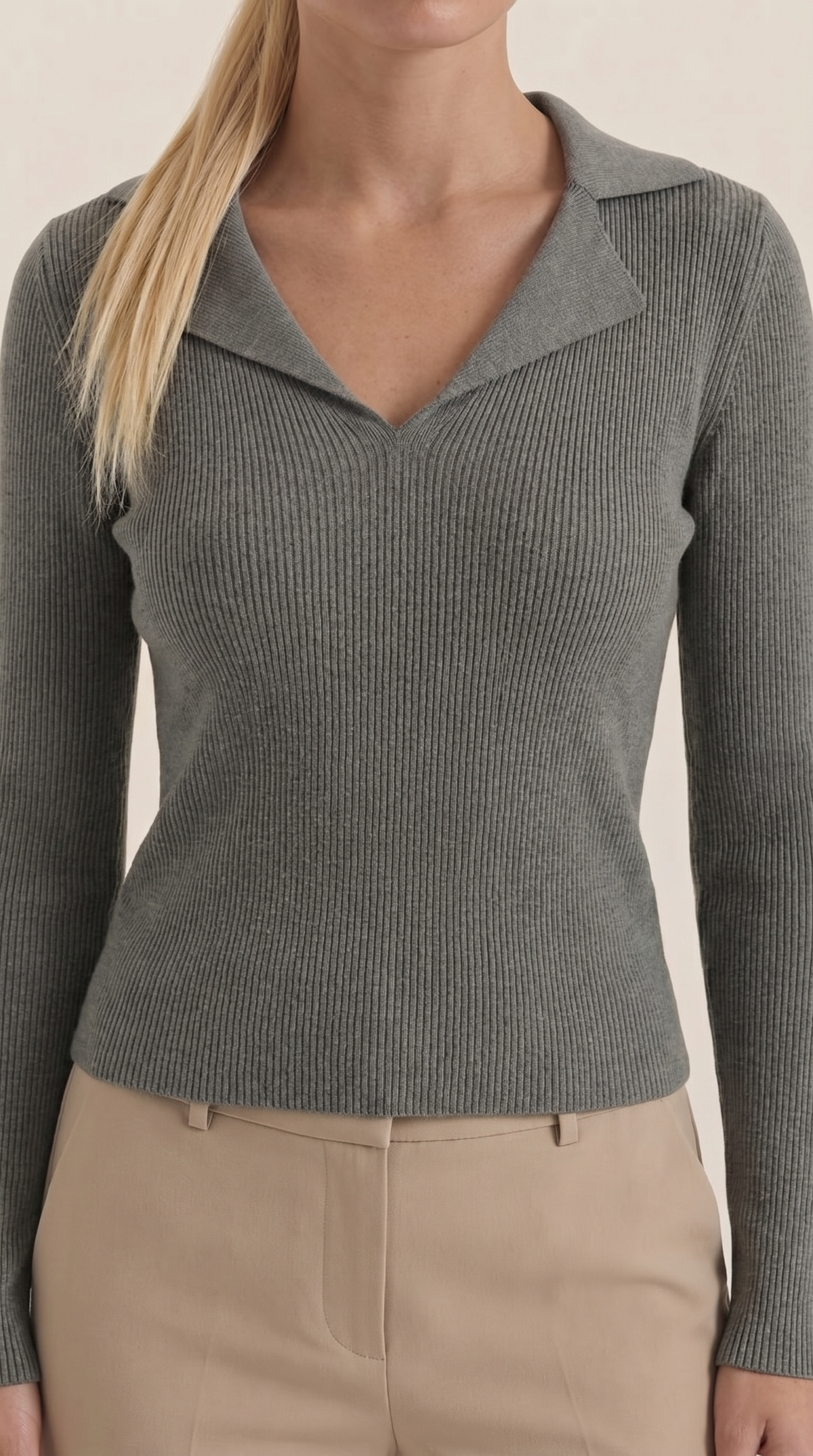 Pullover mit V-Ausschnitt, Kragen und Rippstruktur für Damen
