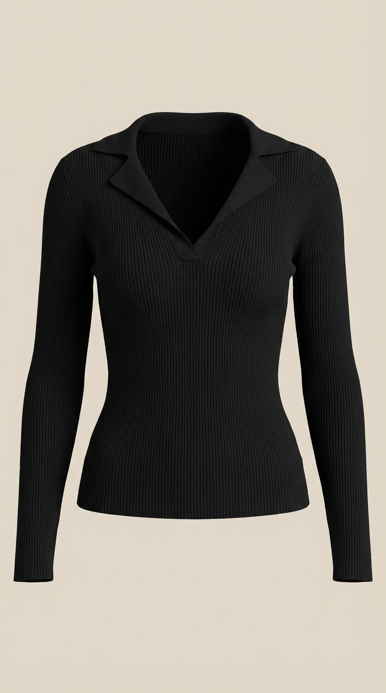 Pullover mit V-Ausschnitt, Kragen und Rippstruktur für Damen