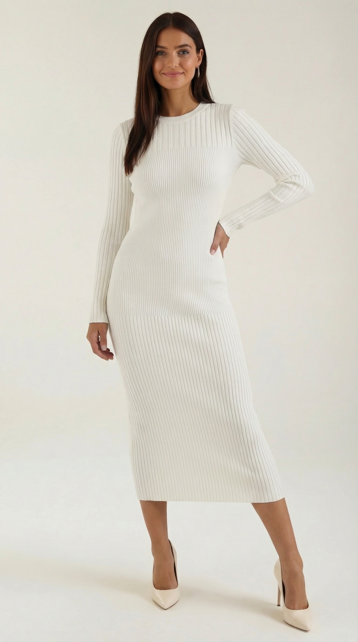 Midikleid in Rippstrick mit Rundhals und langen Ärmeln für Damen - Weiss