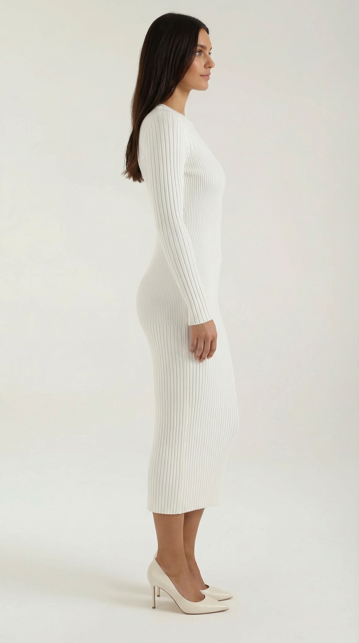 Midikleid in Rippstrick mit Rundhals und langen Ärmeln für Damen