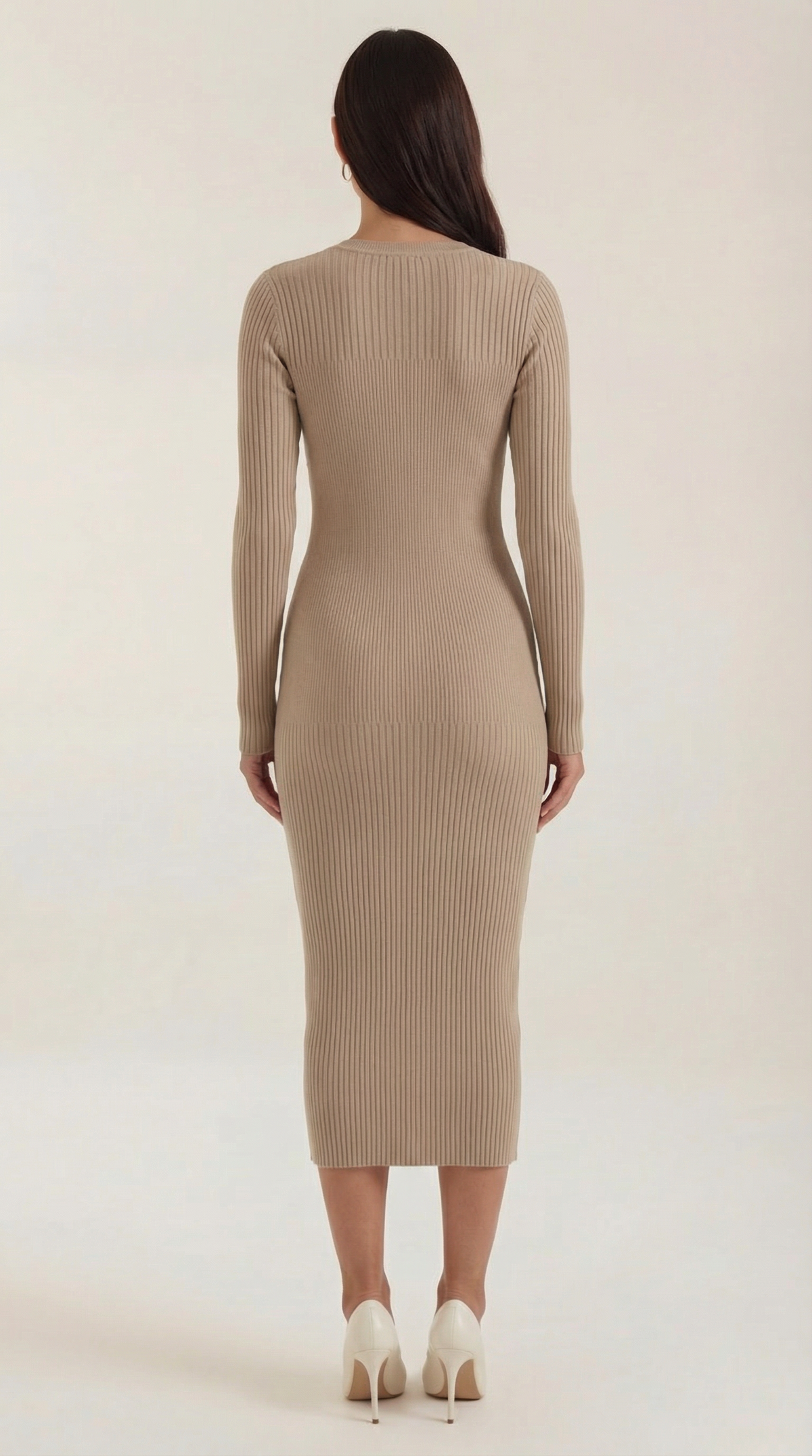 Midikleid in Rippstrick mit Rundhals und langen Ärmeln für Damen