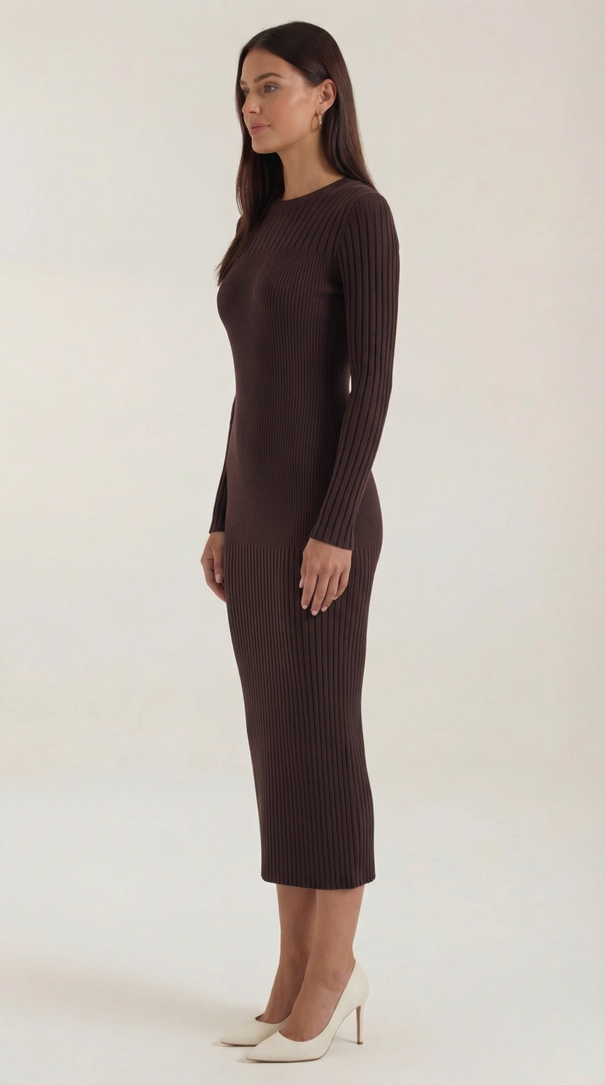 Midikleid in Rippstrick mit Rundhals und langen Ärmeln für Damen