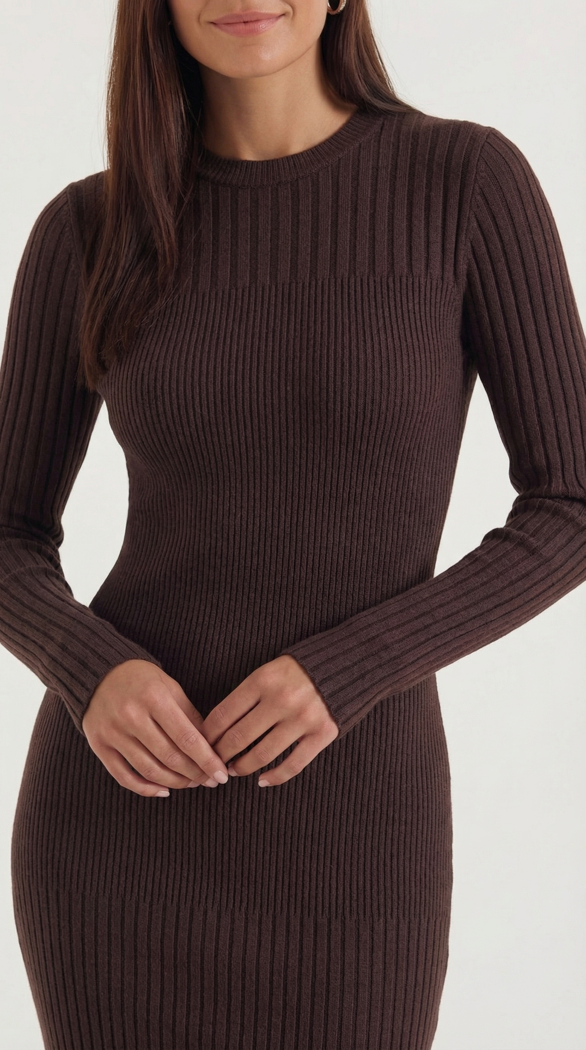 Midikleid in Rippstrick mit Rundhals und langen Ärmeln für Damen