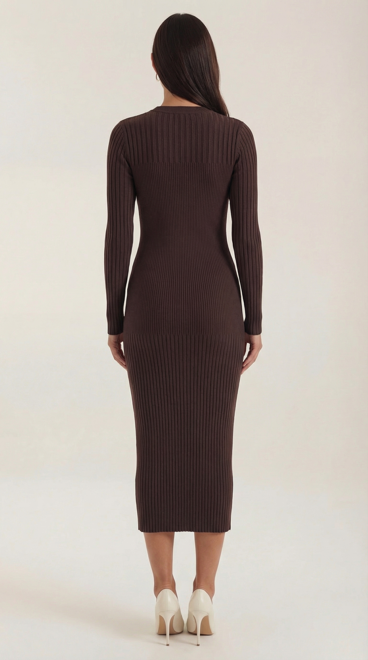 Midikleid in Rippstrick mit Rundhals und langen Ärmeln für Damen