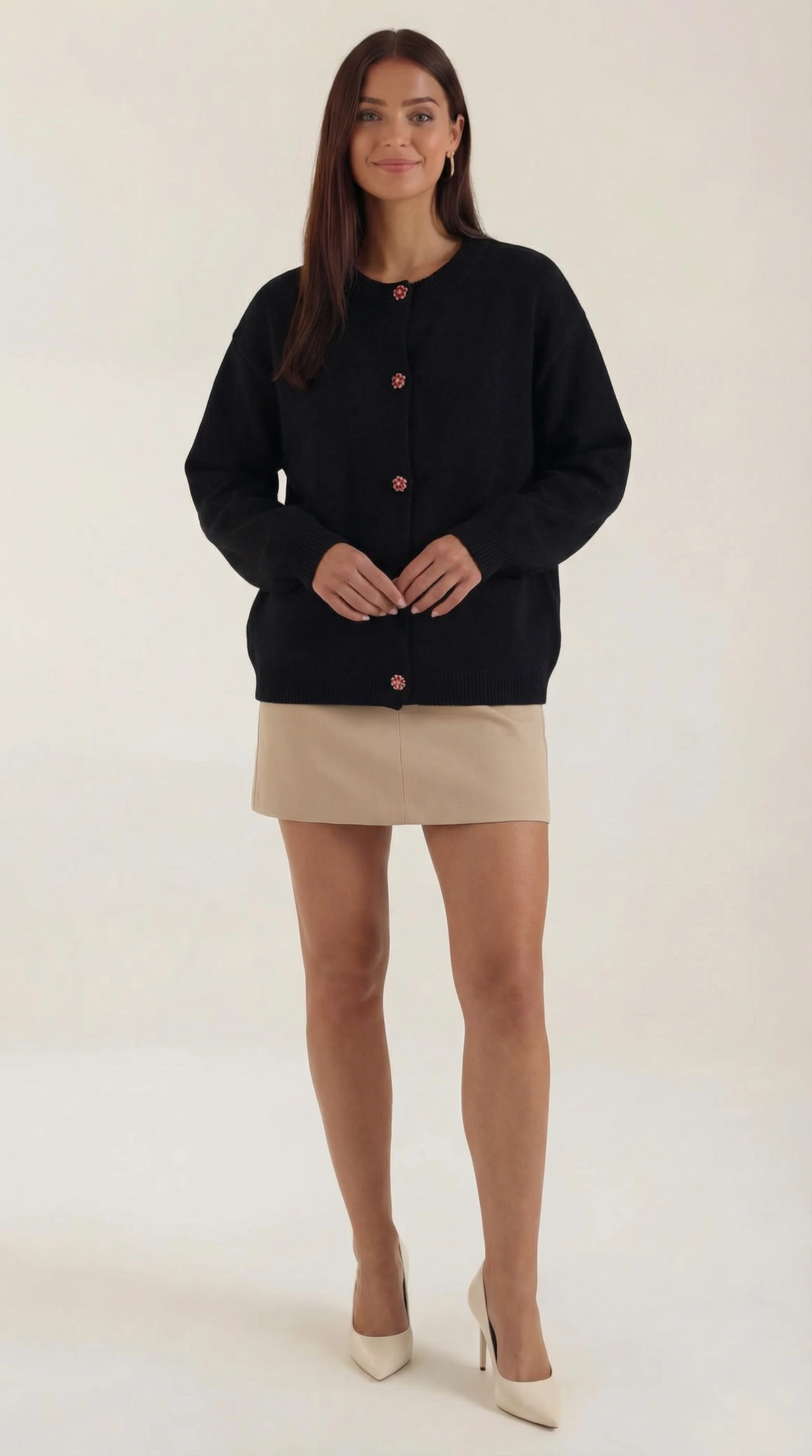 Strickjacke mit Rundhalsausschnitt und Knopfleiste für Damen - Schwarz