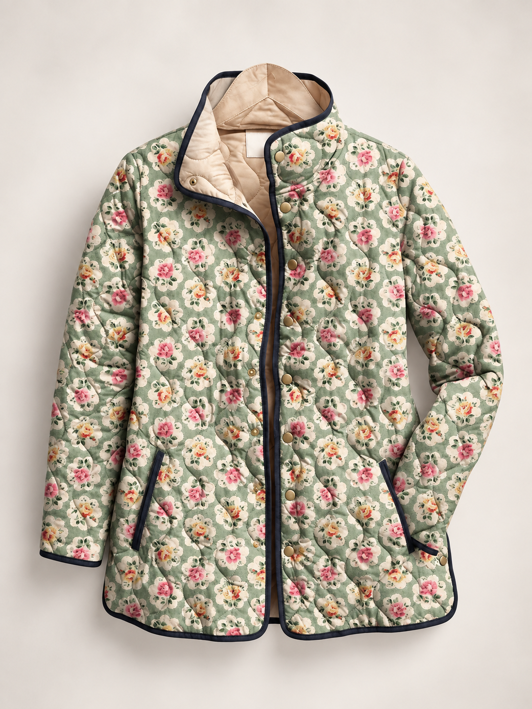 Steppjacke Damen mit Rautensteppung, Stehkragen und Blumenmuster