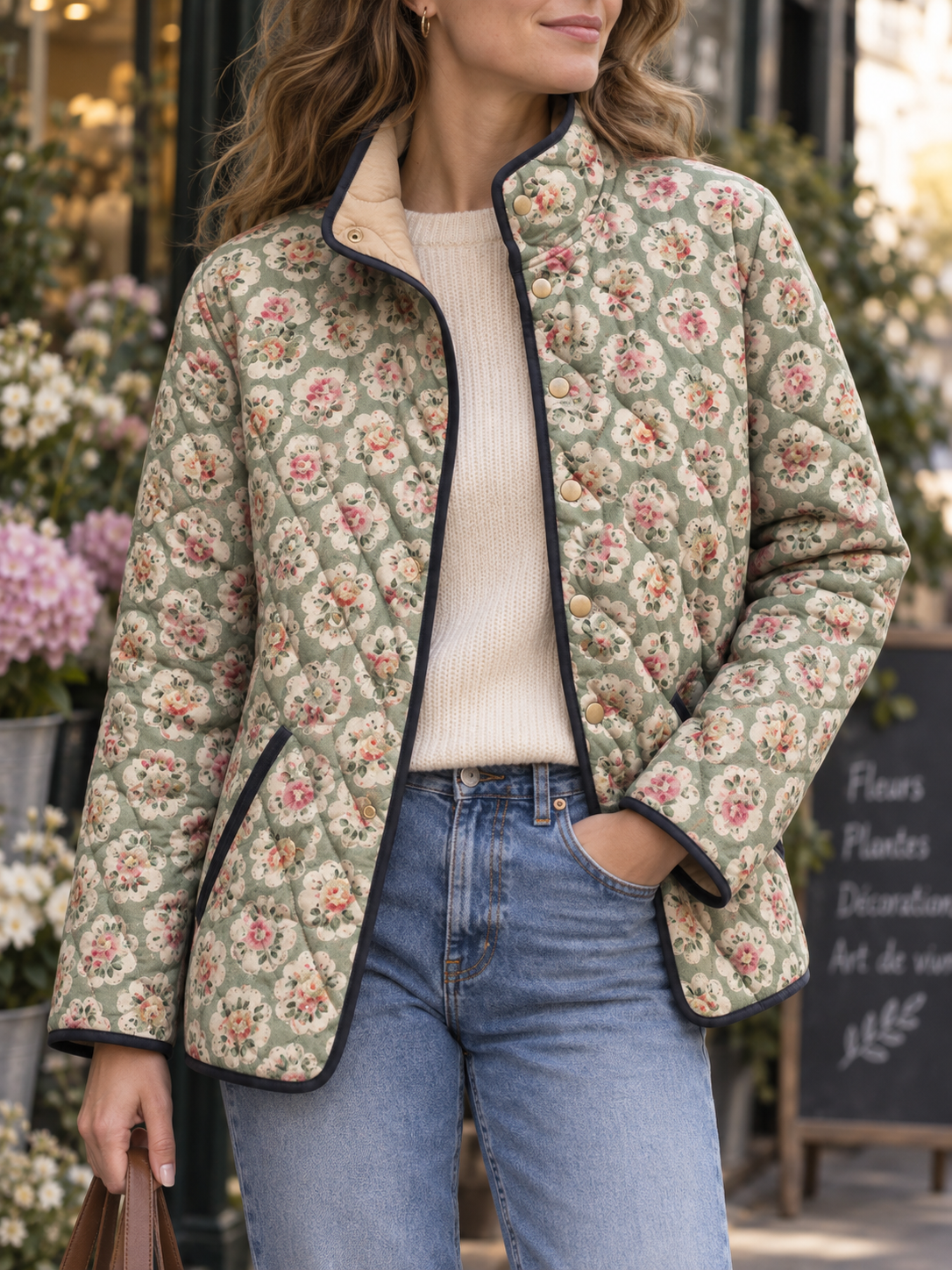 Steppjacke Damen mit Rautensteppung, Stehkragen und Blumenmuster