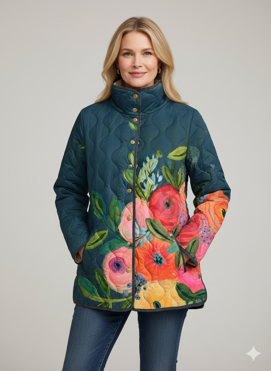 Steppjacke Damen wattiert und wendbar mit Stehkragen und Blumenmuster