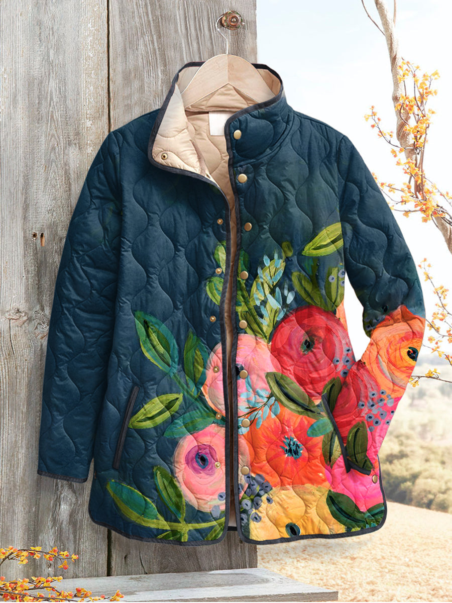 Steppjacke Damen wattiert und wendbar mit Stehkragen und Blumenmuster