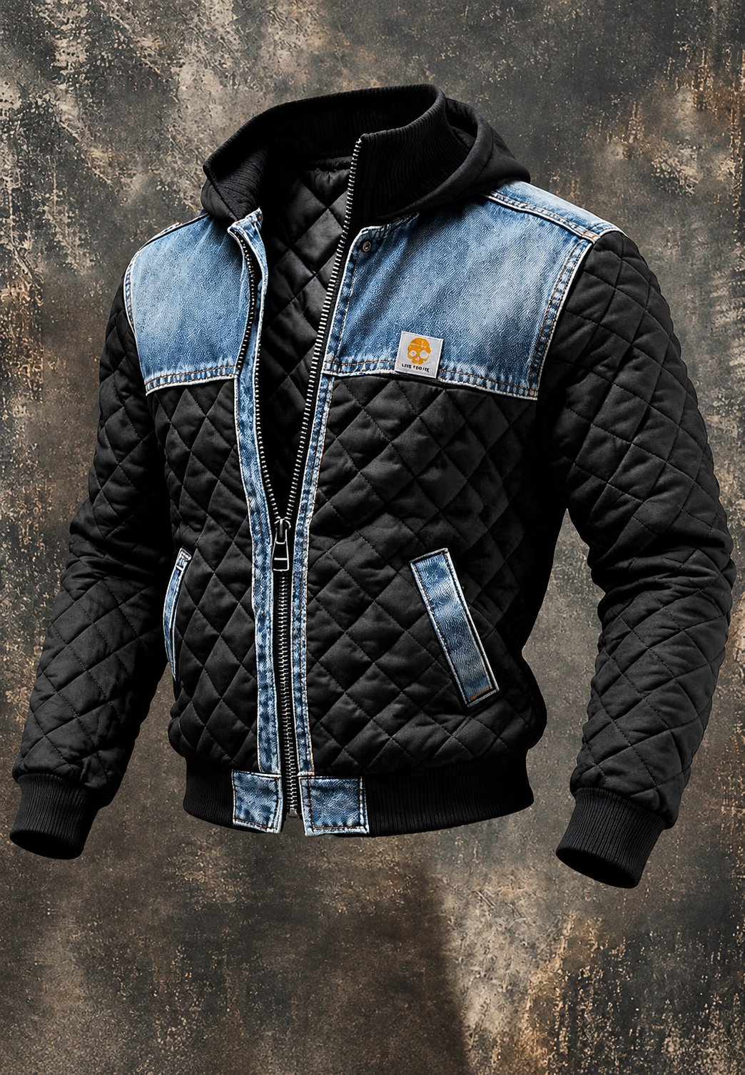 Steppjacke Herren mit Denim-Einsätzen, hüftkurz und Kapuze