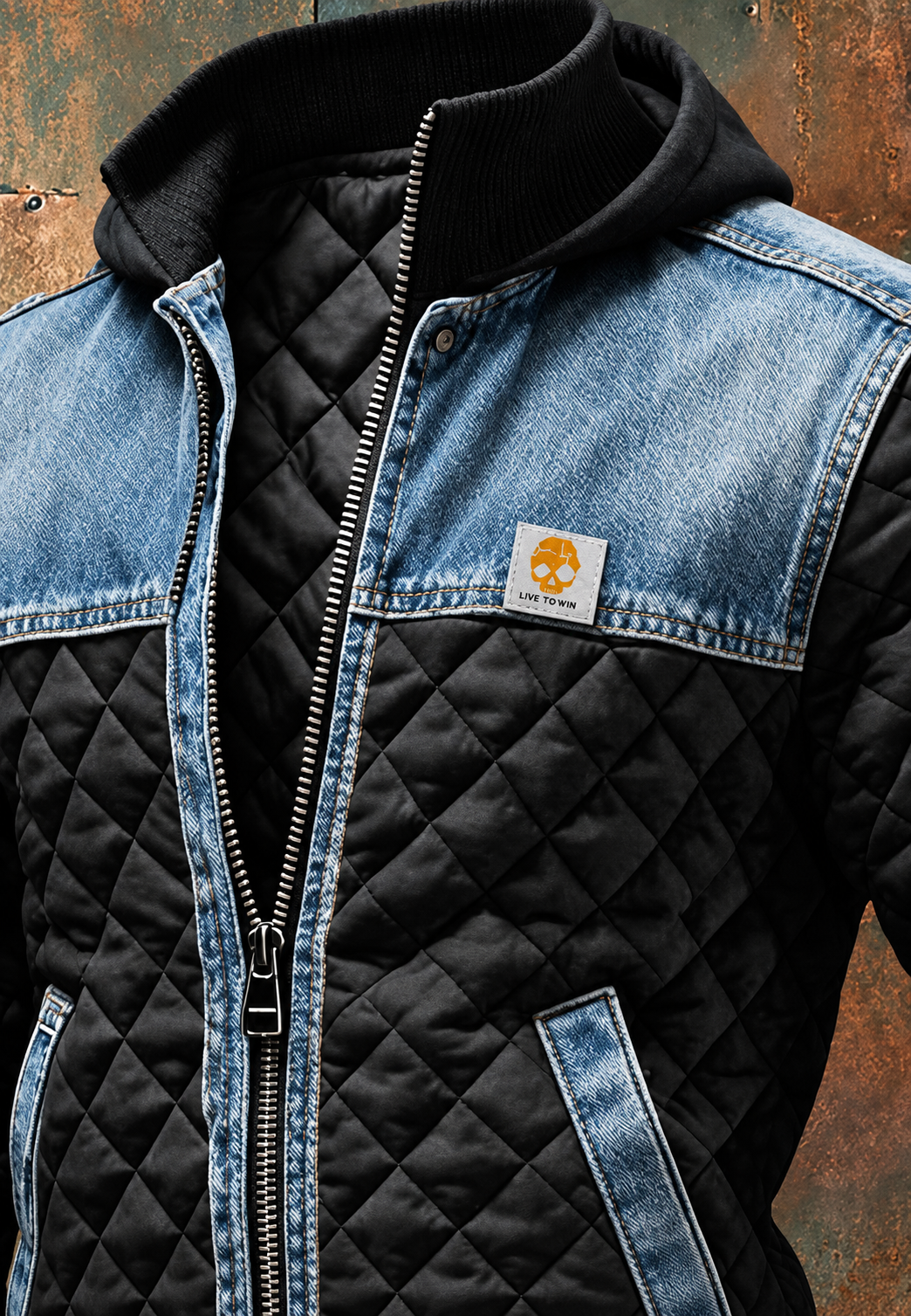 Steppjacke Herren mit Denim-Einsätzen, hüftkurz und Kapuze