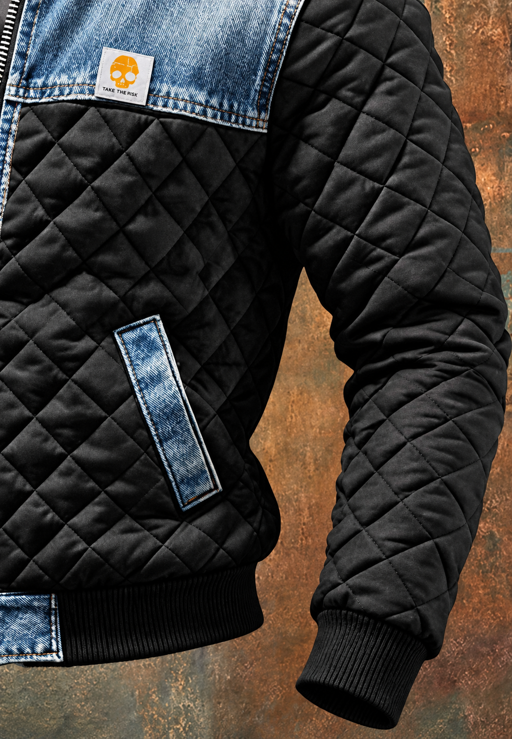 Steppjacke Herren mit Denim-Einsätzen, hüftkurz und Kapuze
