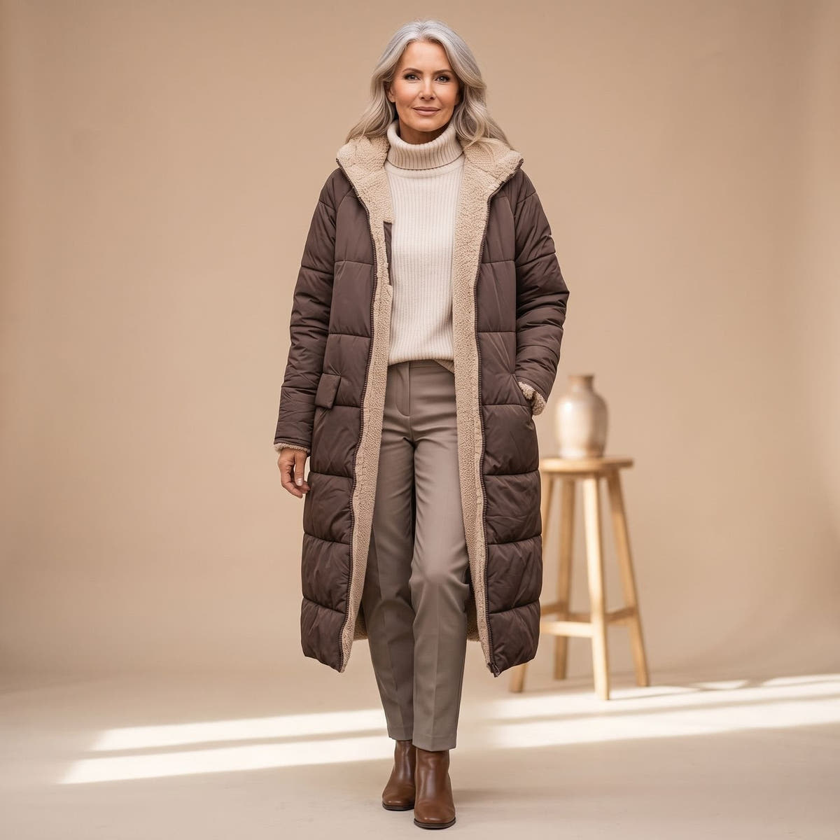 Steppmantel Damen mit Sherpafutter, lang und windabweisend