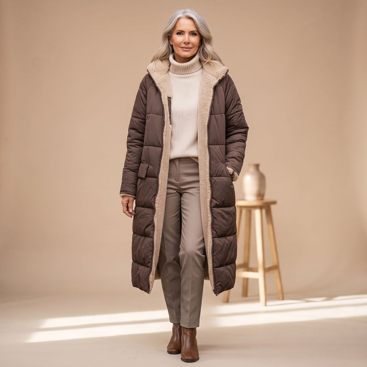 Steppmantel Damen mit Sherpafutter, lang und windabweisend