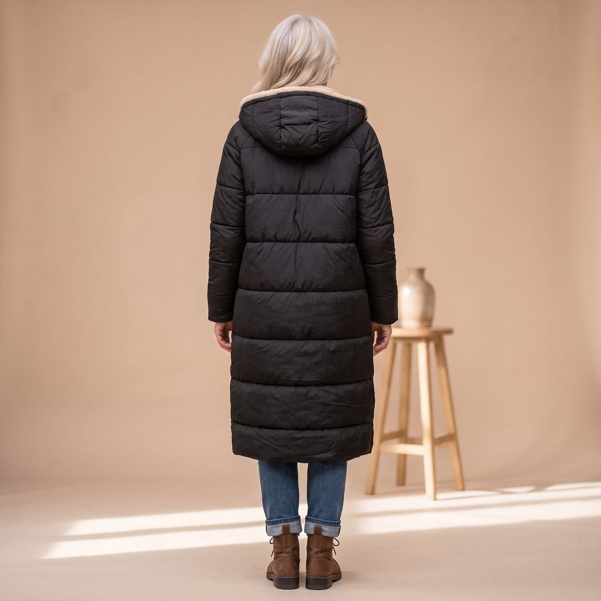 Steppmantel Damen mit Sherpafutter, lang und windabweisend