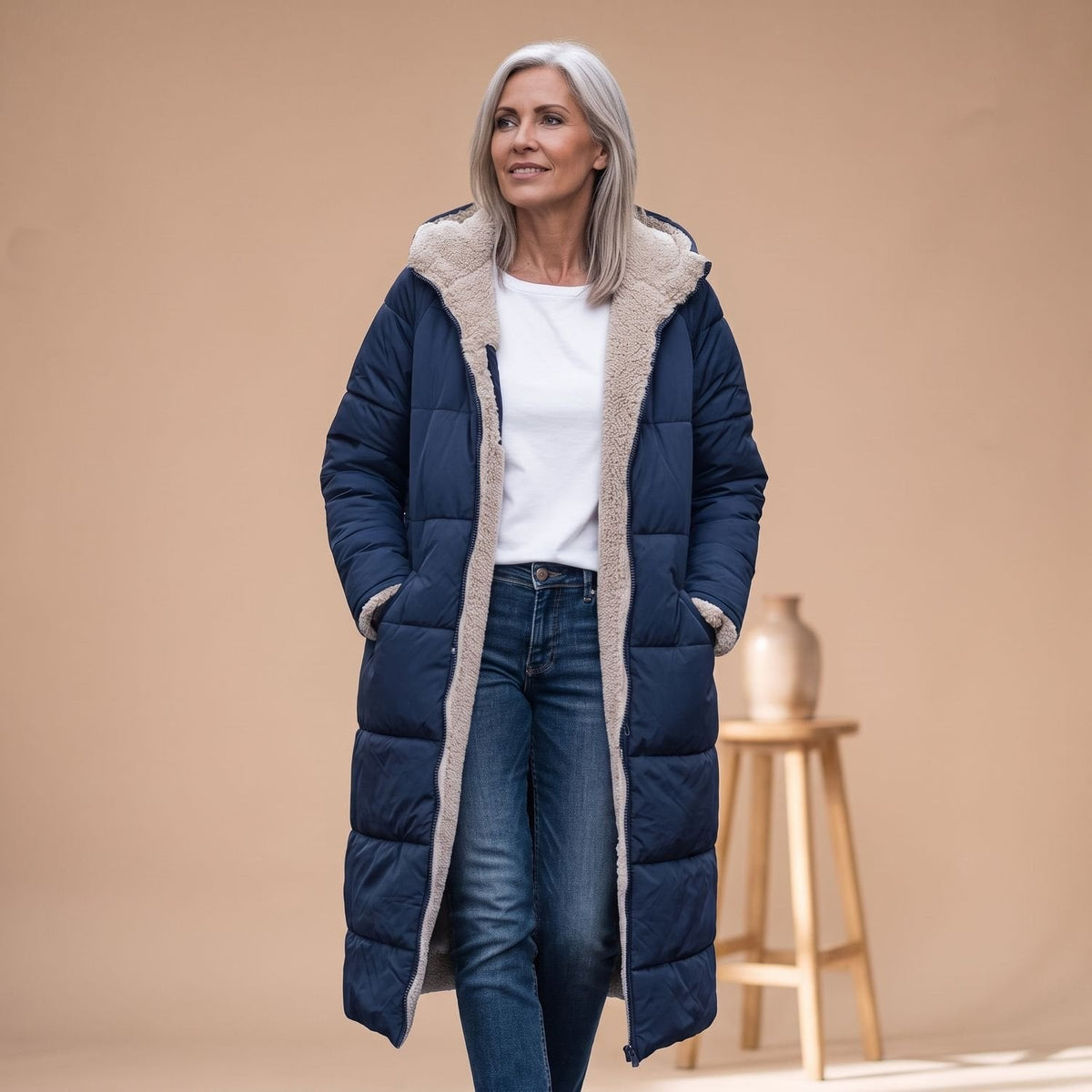Steppmantel Damen mit Sherpafutter, lang und windabweisend