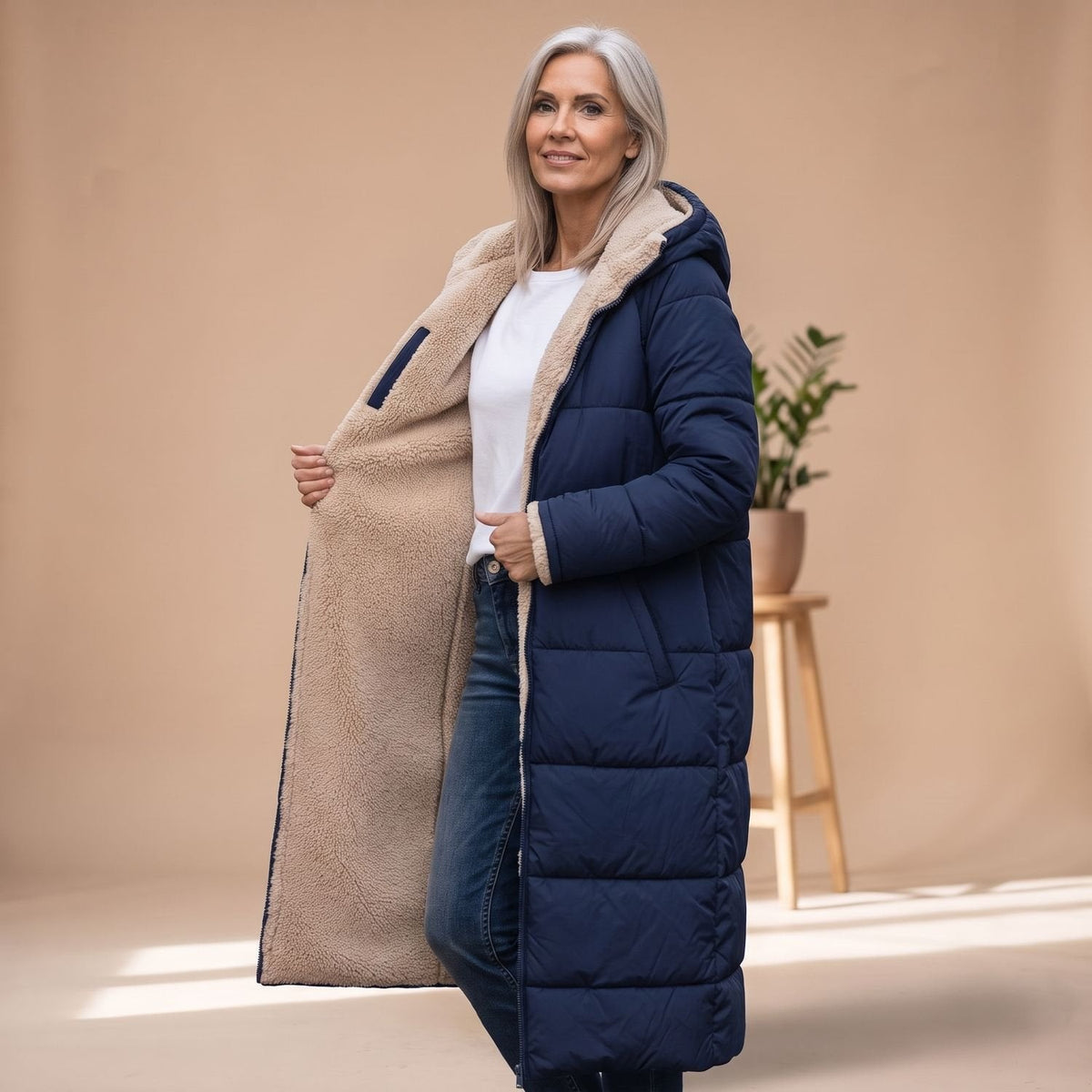 Steppmantel Damen mit Sherpafutter, lang und windabweisend
