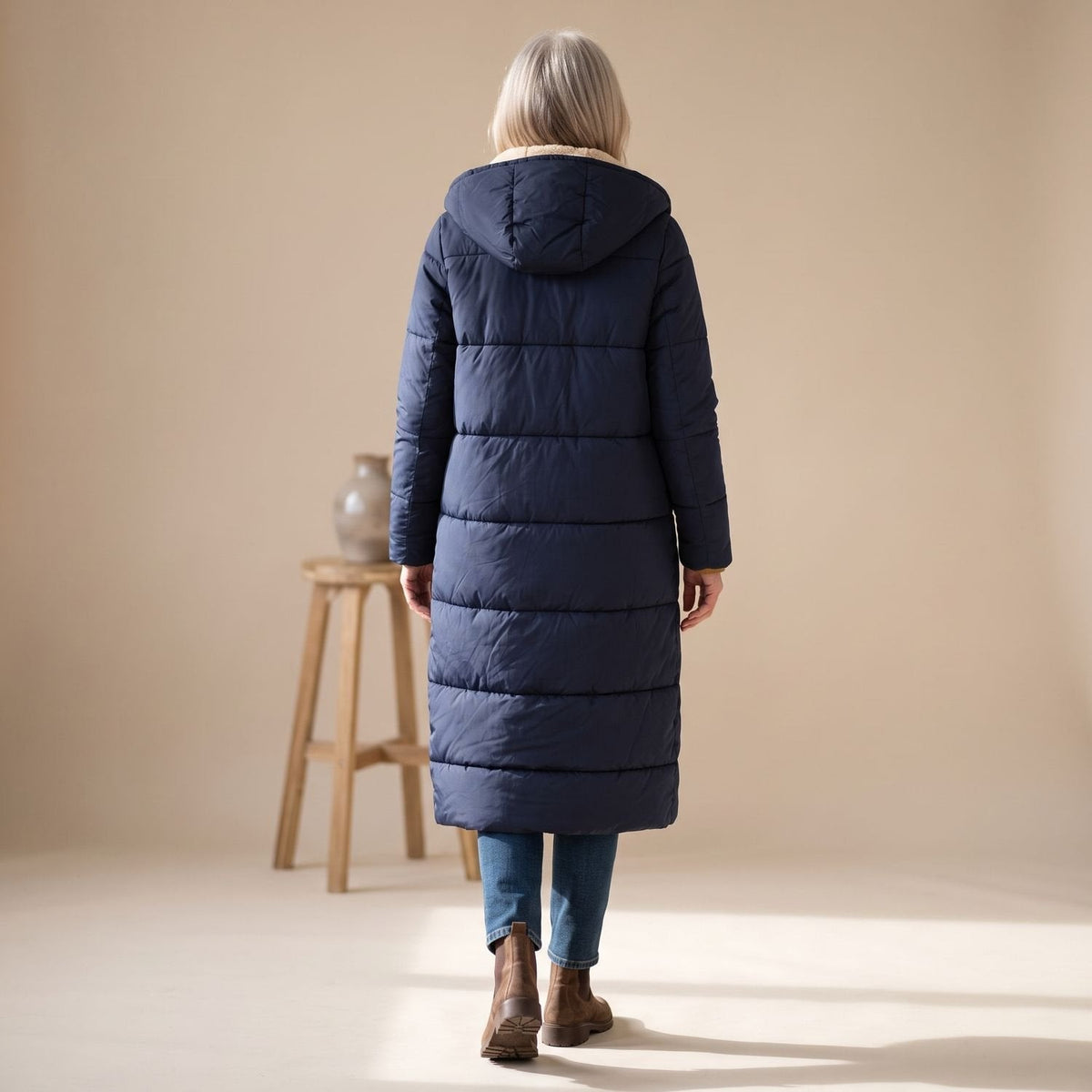 Steppmantel Damen mit Sherpafutter, lang und windabweisend