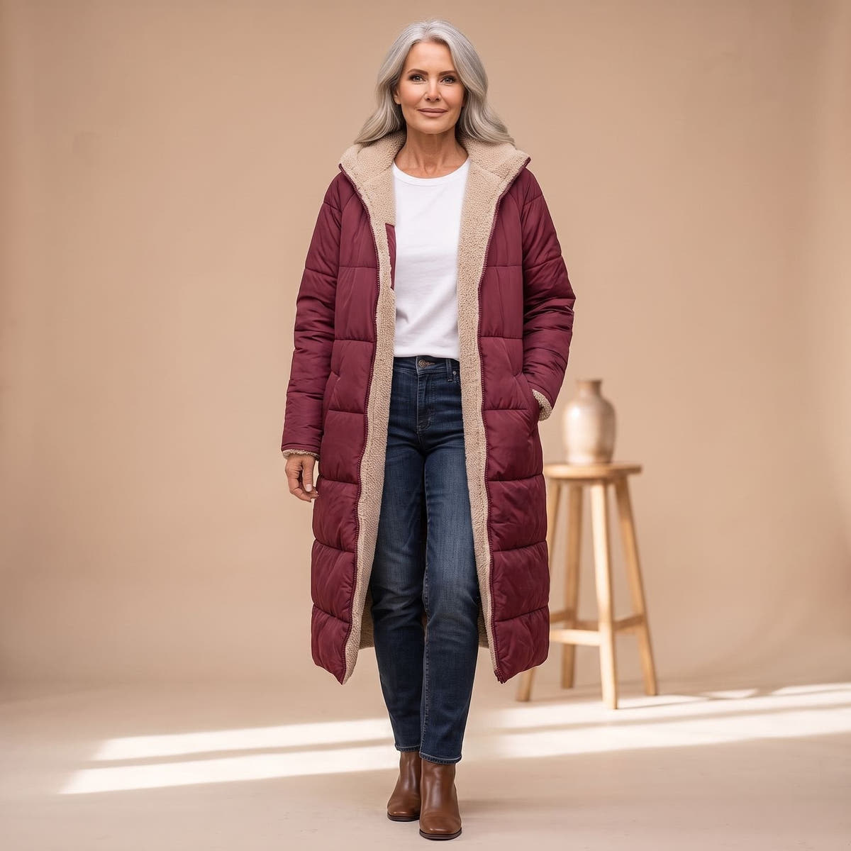 Steppmantel Damen mit Sherpafutter, lang und windabweisend