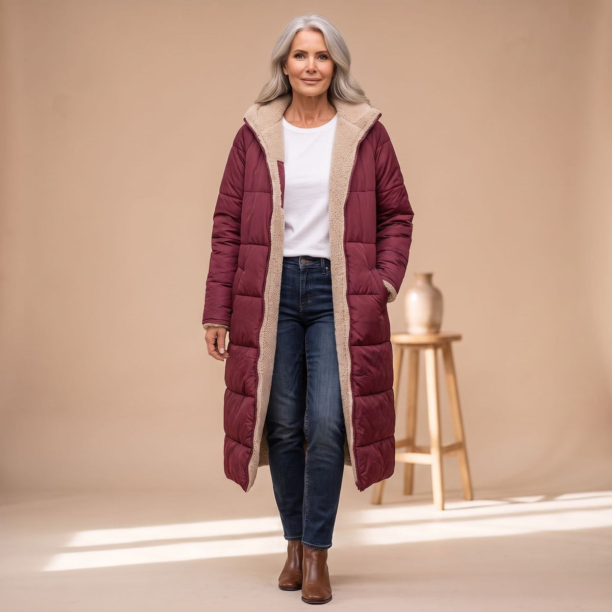 Steppmantel Damen mit Sherpafutter, lang und windabweisend