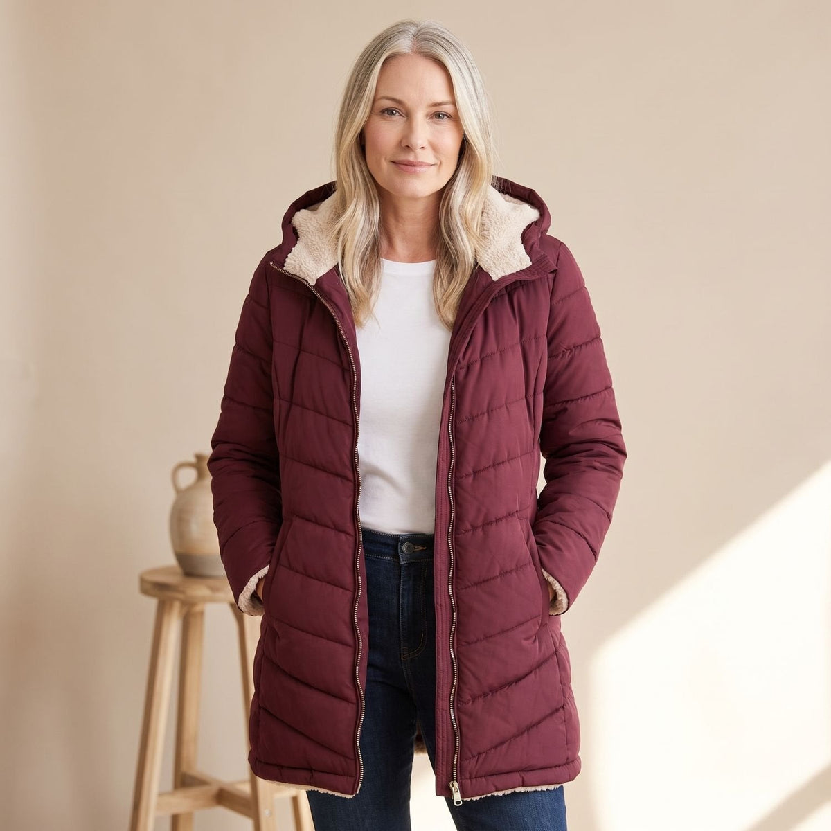 Steppmantel Damen mit Sherpafutter, lang und windabweisend