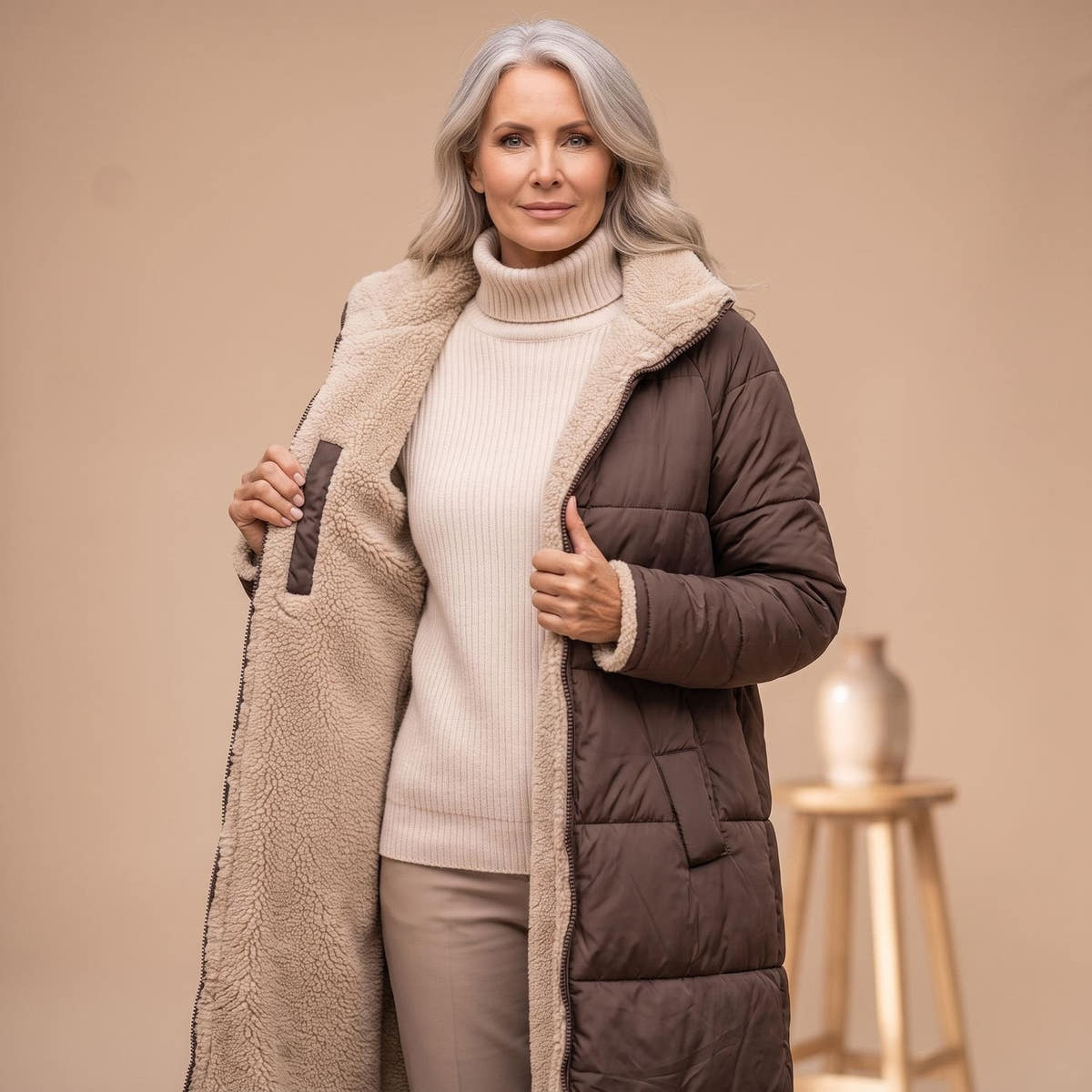 Steppmantel Damen mit Sherpafutter, lang und windabweisend