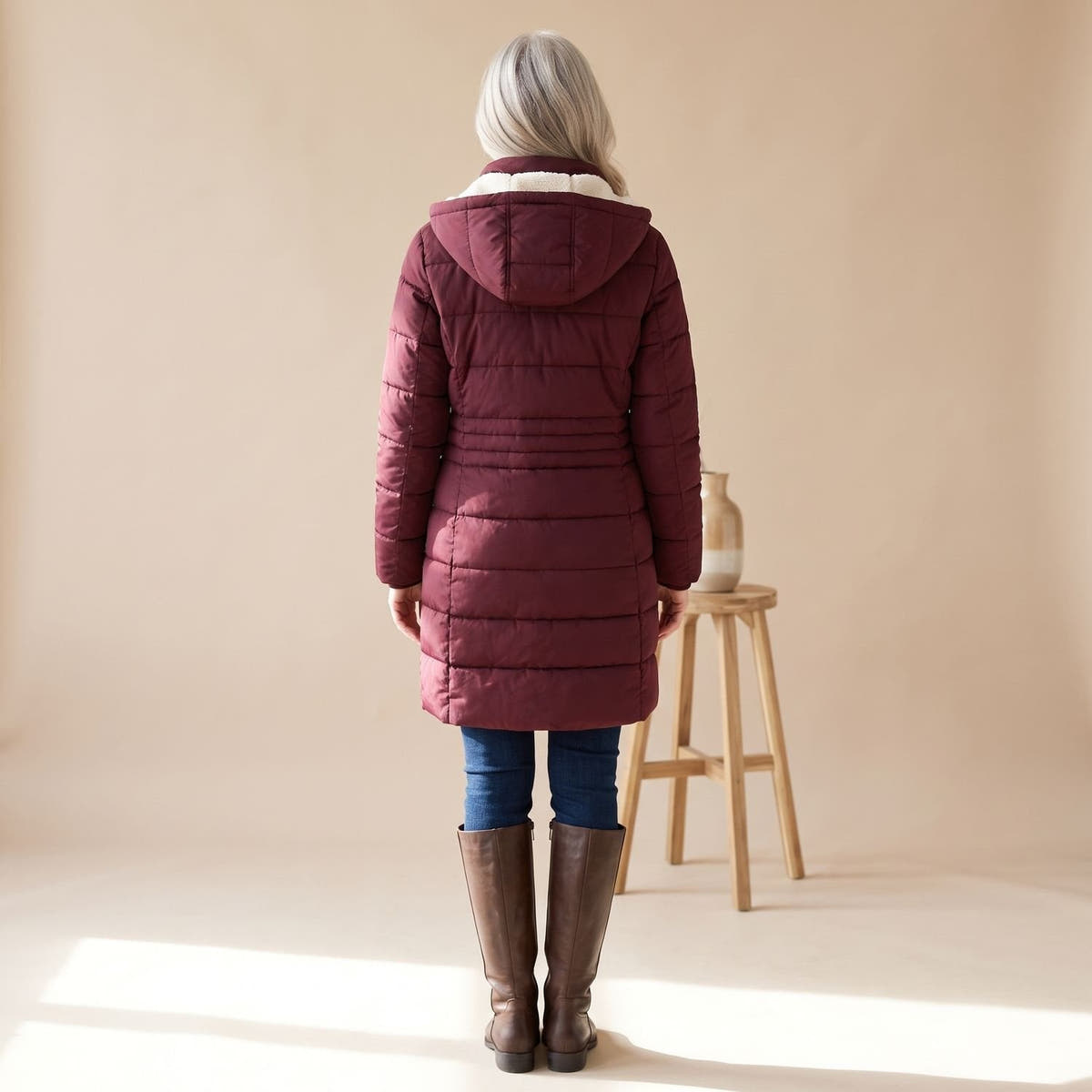 Steppmantel Damen mit Sherpafutter, lang und windabweisend