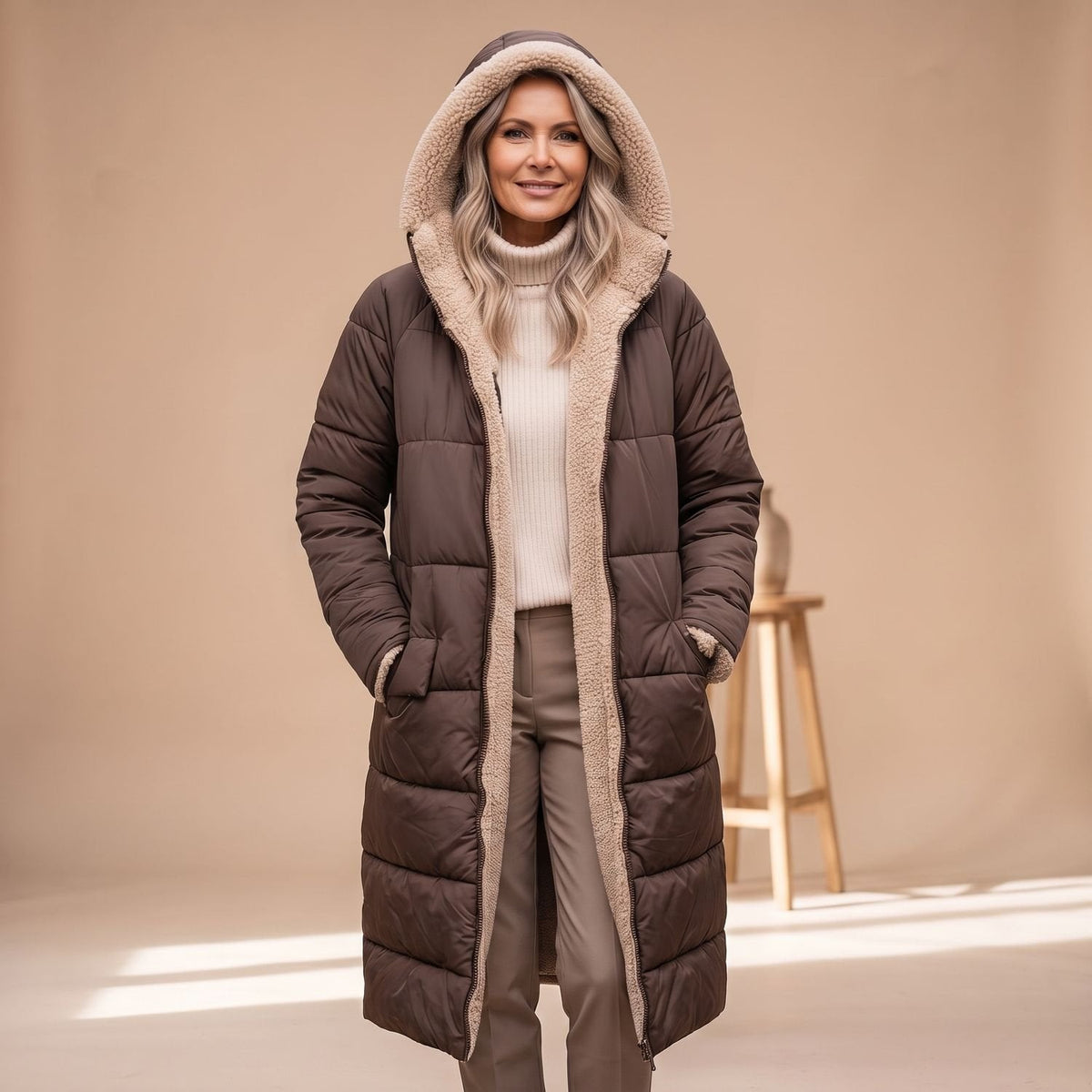 Steppmantel Damen mit Sherpafutter, lang und windabweisend