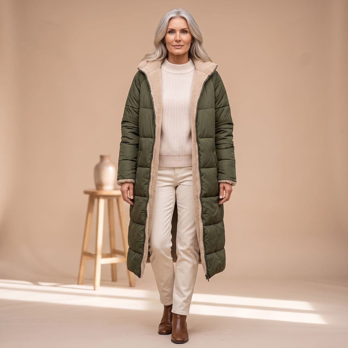 Steppmantel Damen mit Sherpafutter, lang und windabweisend